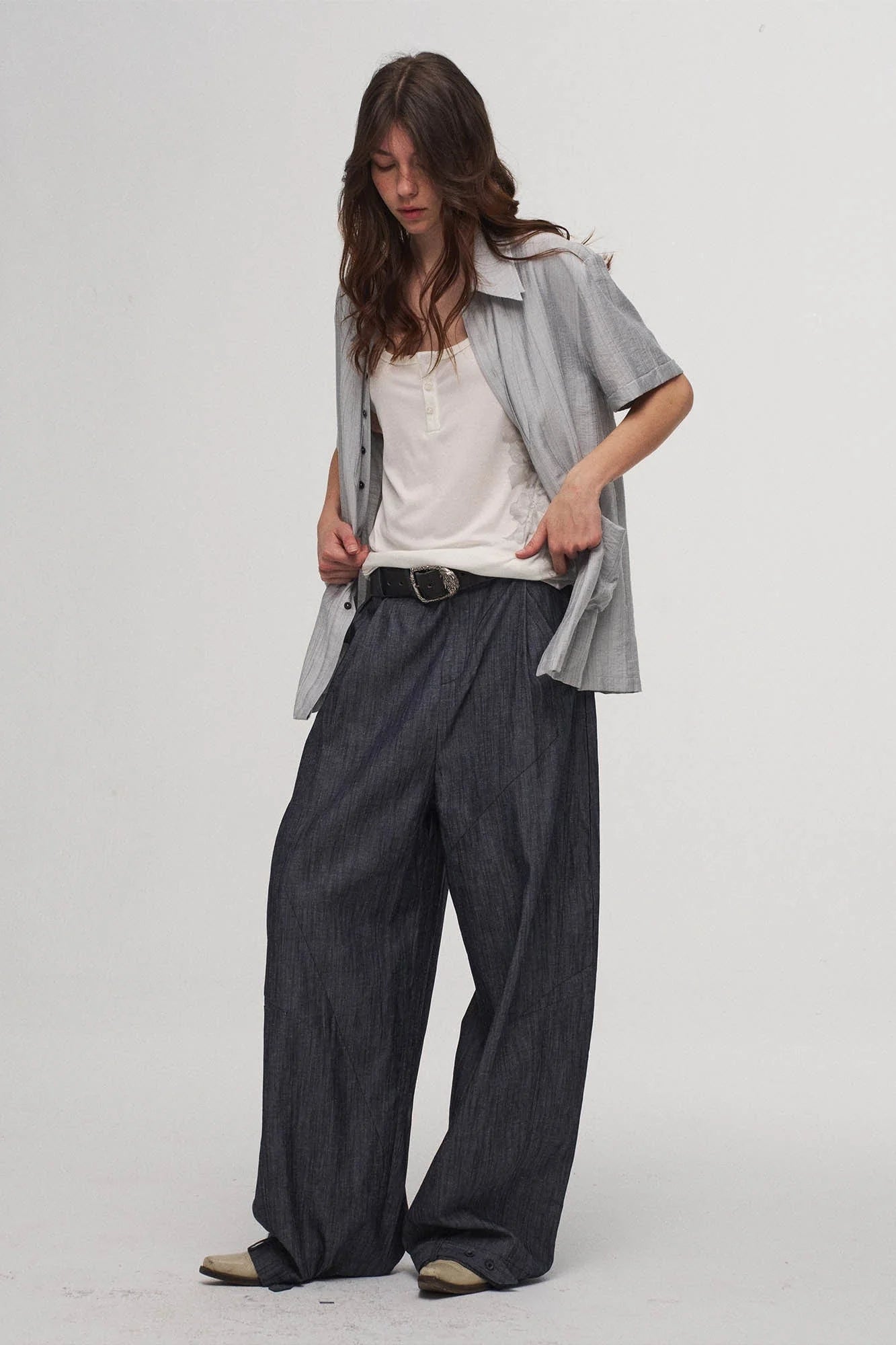 ILNya Nieternite Nifutur Stripe Crinkled Spliced Layered Collar T-Shirt Silver