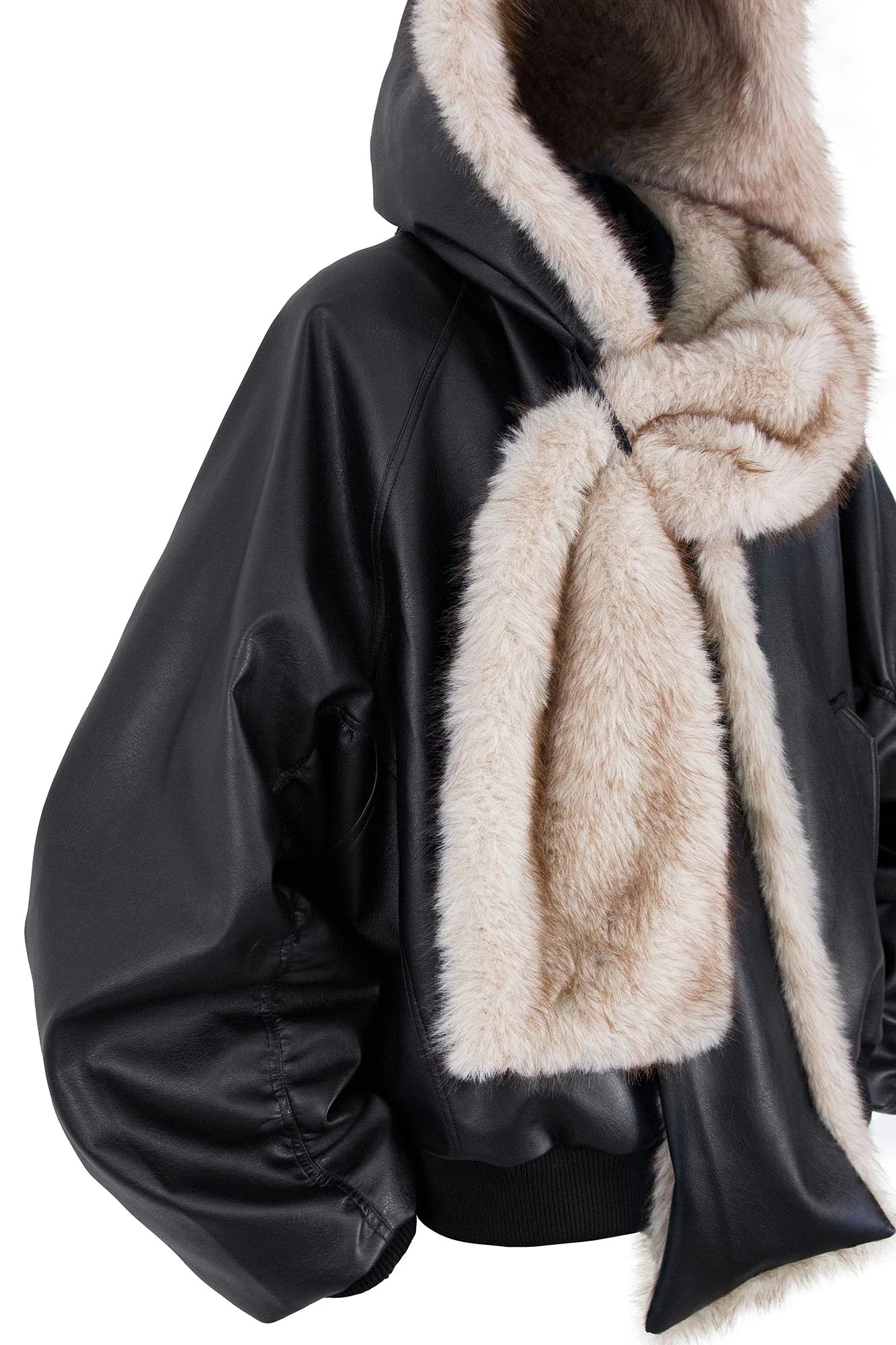 RELABEL Detachable Plush Scarf Ruched Hooded Jacket Black