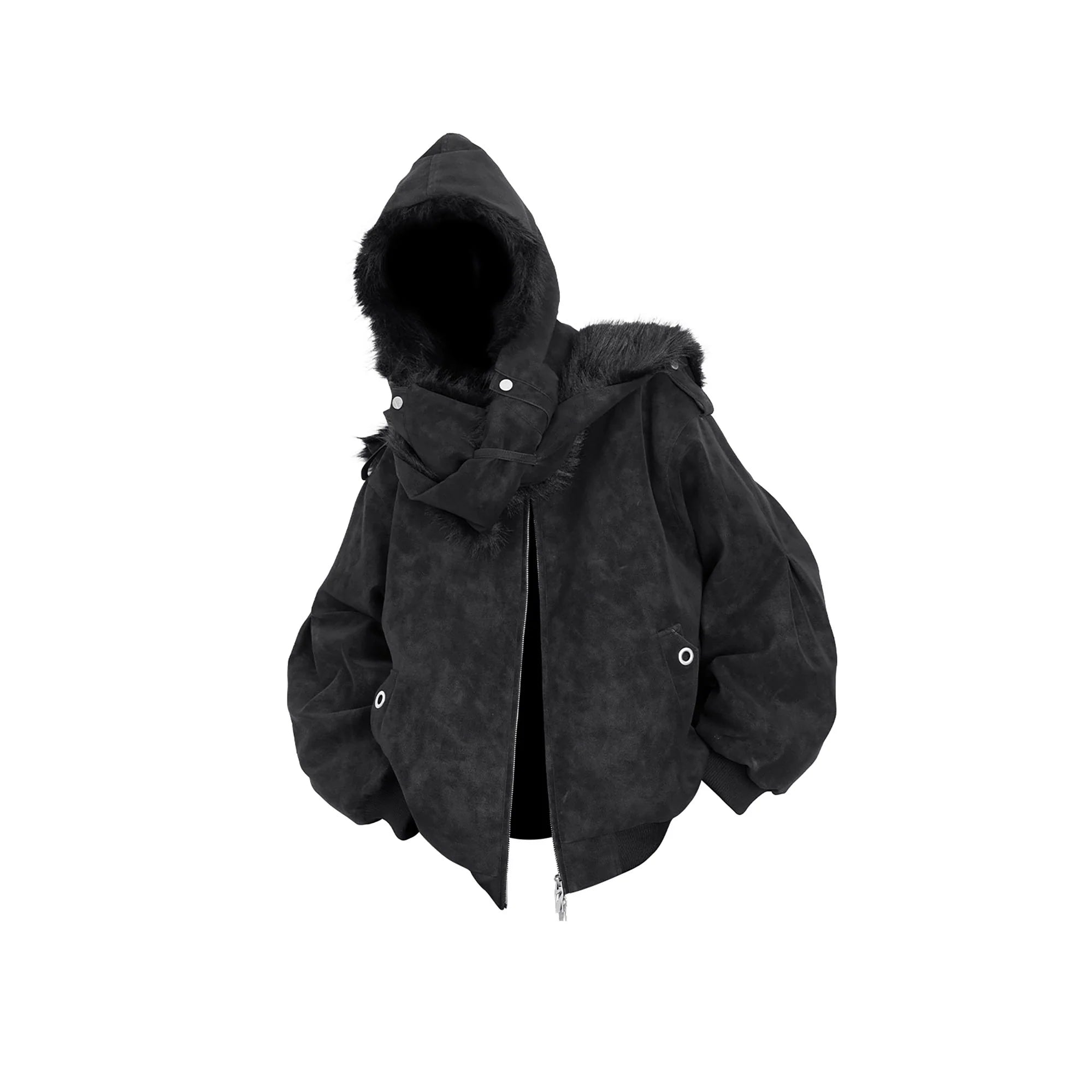 RELABEL Detachable Plush Scarf Hooded Suede Jacket Black
