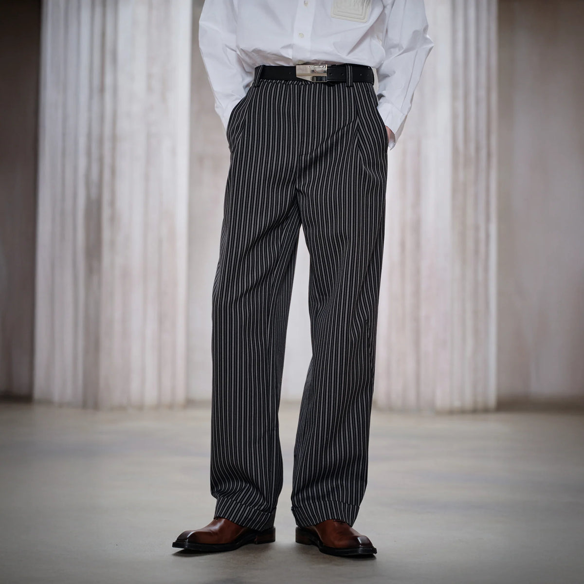 FACEONLAB Classic Striped Wool Pleated Tailored Trousers