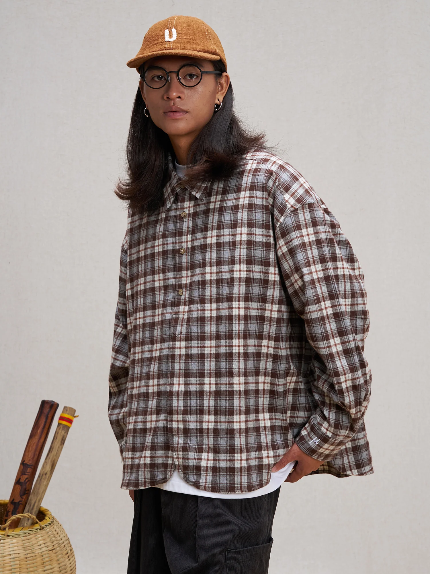 UNLIMITED MOTE Plaid Oversized Half-Open Collar Shirt Brown
