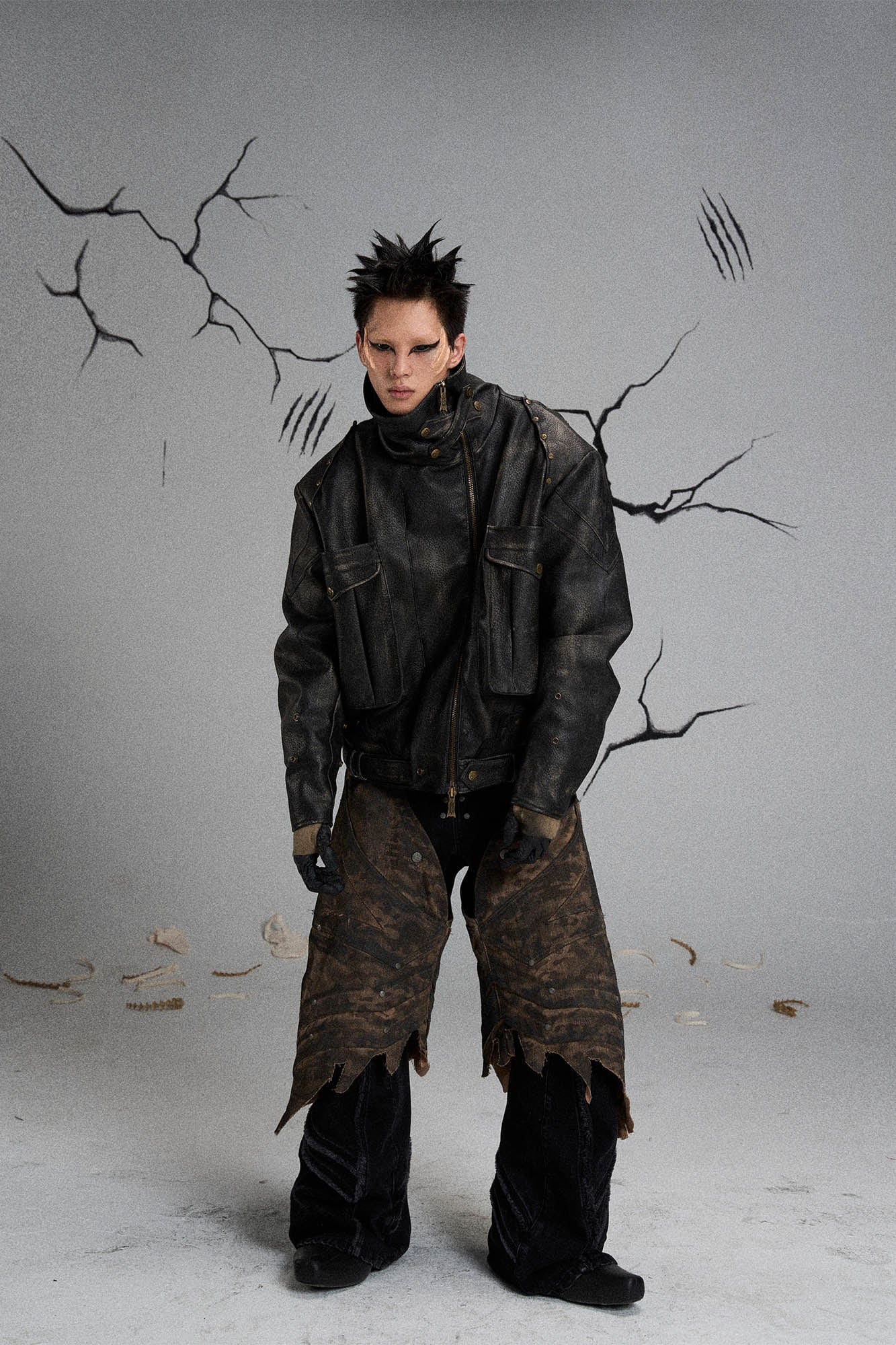 FLYERRER Mutation Knight Armor Distressed High-Collar Faux Leather Jacket