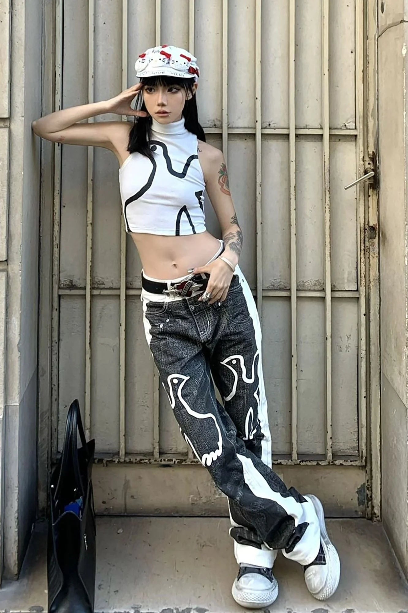 VINKID Faux-Layered Dove Graphic Contrast Panel Jeans