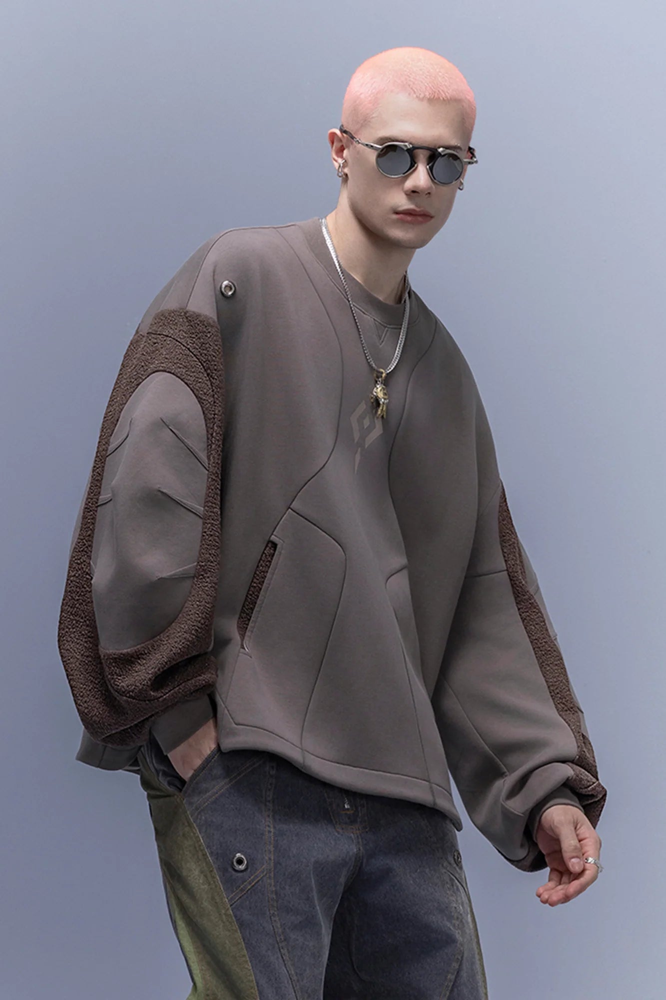 XIPHEVIL Utility Paneled Crewneck Sweatshirt Coffee