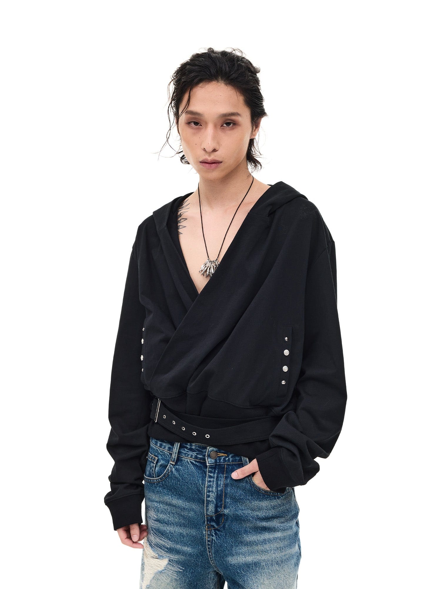 WHISTLEHUNTER Detachable-Belt Deep V-Cut Hardware Hoodie