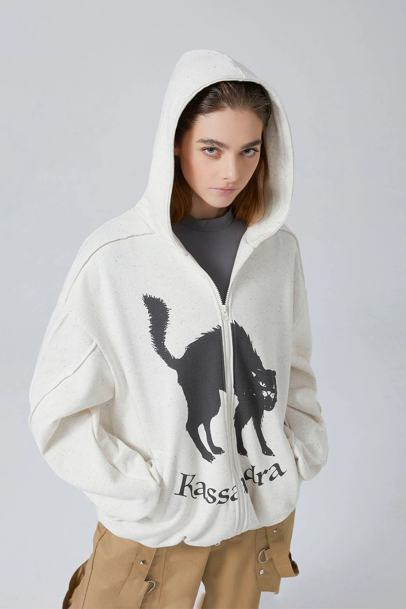 ERROR CODE ROBOT Black Cat Graphic Oversized Zip-Up Hoodie