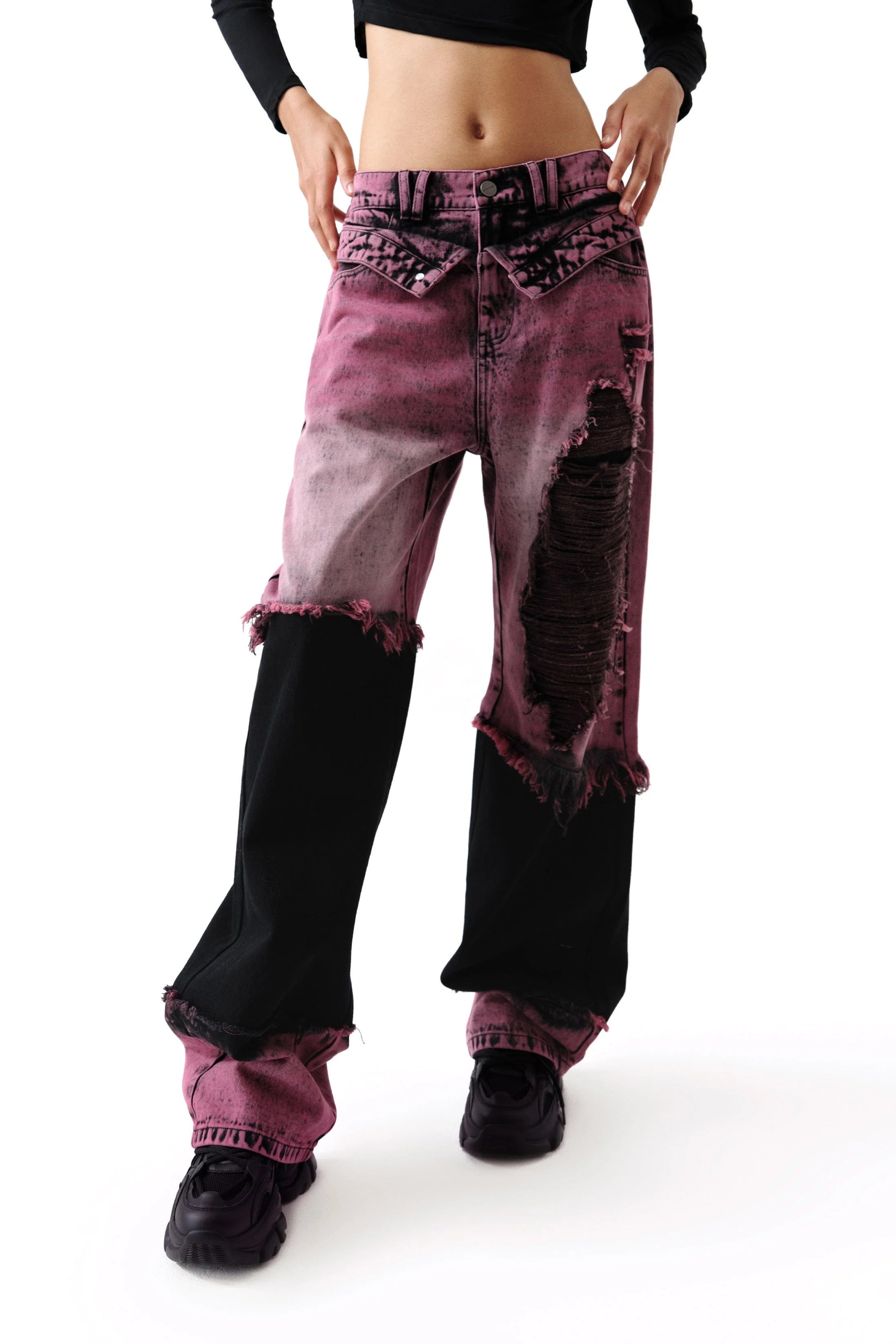 VANN VALRENCE Distressed Panelled Frayed Straight-Leg Jeans