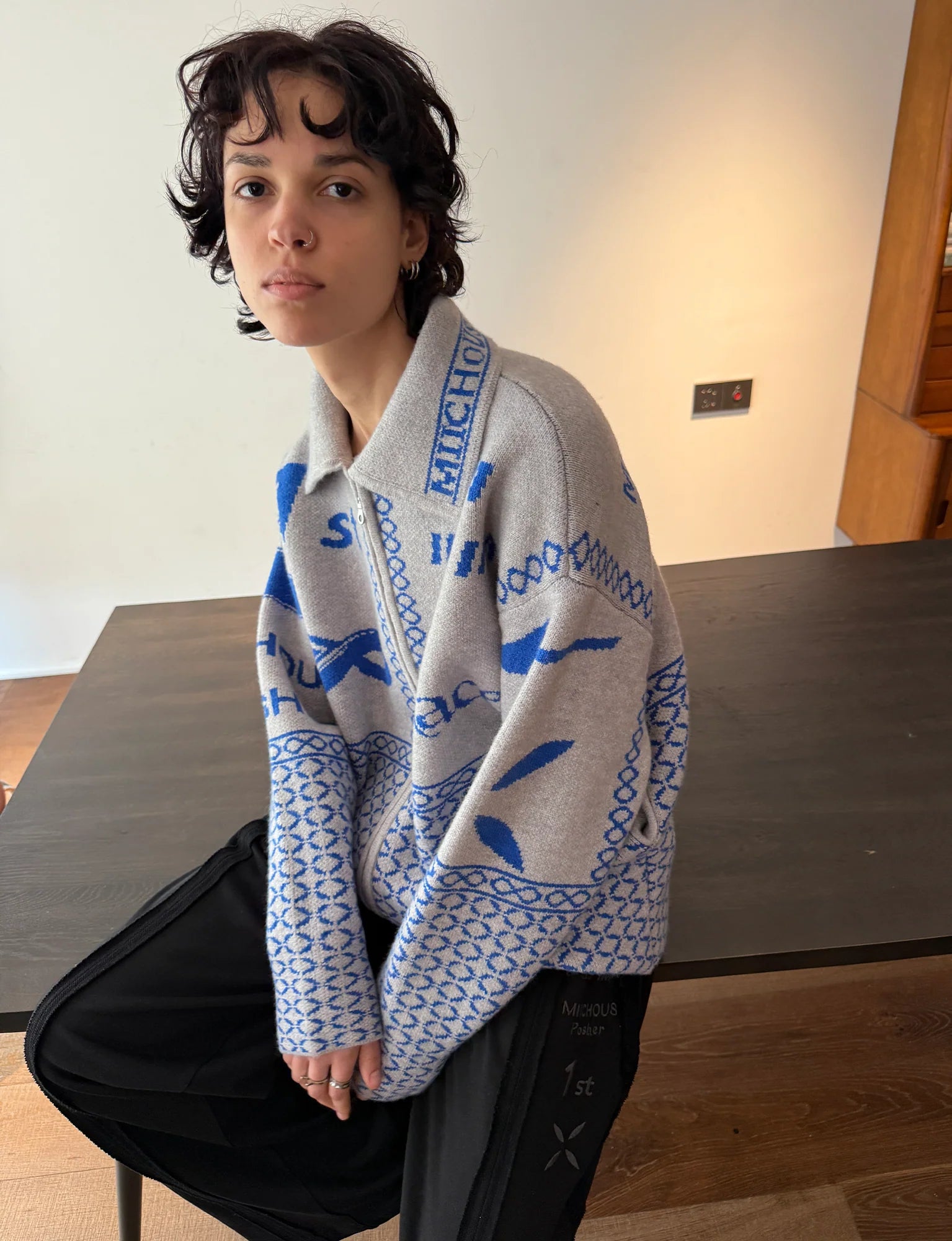 MIICHOUS Racer Geometric Jacquard Zip-Up Cardigan