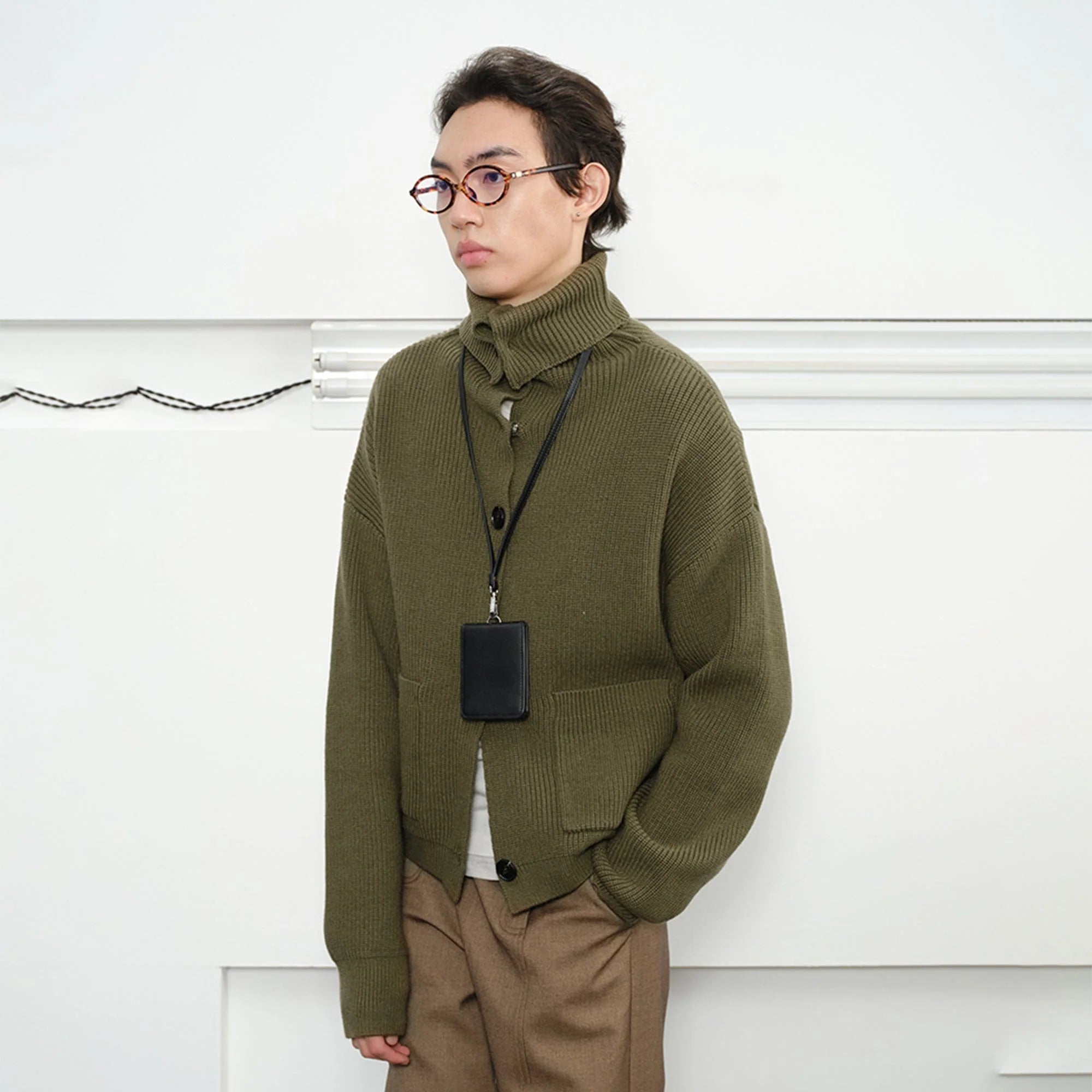 KREATE High-Collar Big-Pocket Button-Up Knitted Jacket