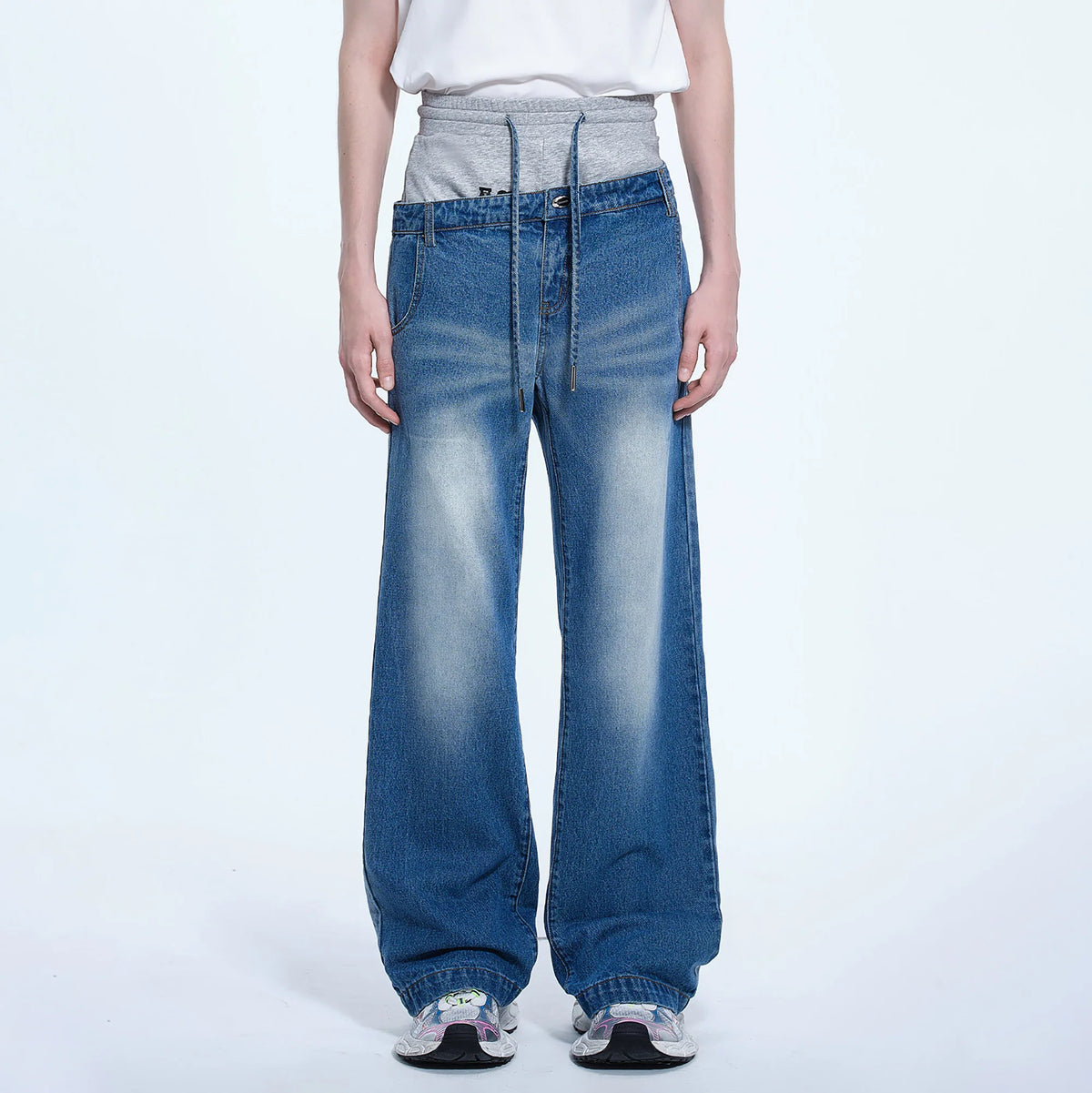 TIWILLTANG Layered Sweatband Washed Denim Pants
