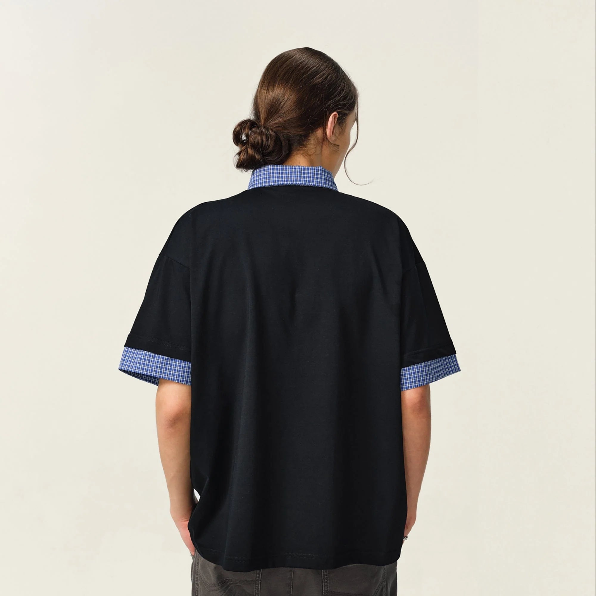 OVDY Layered Plaid Panel Mock Shirt T-Shirt