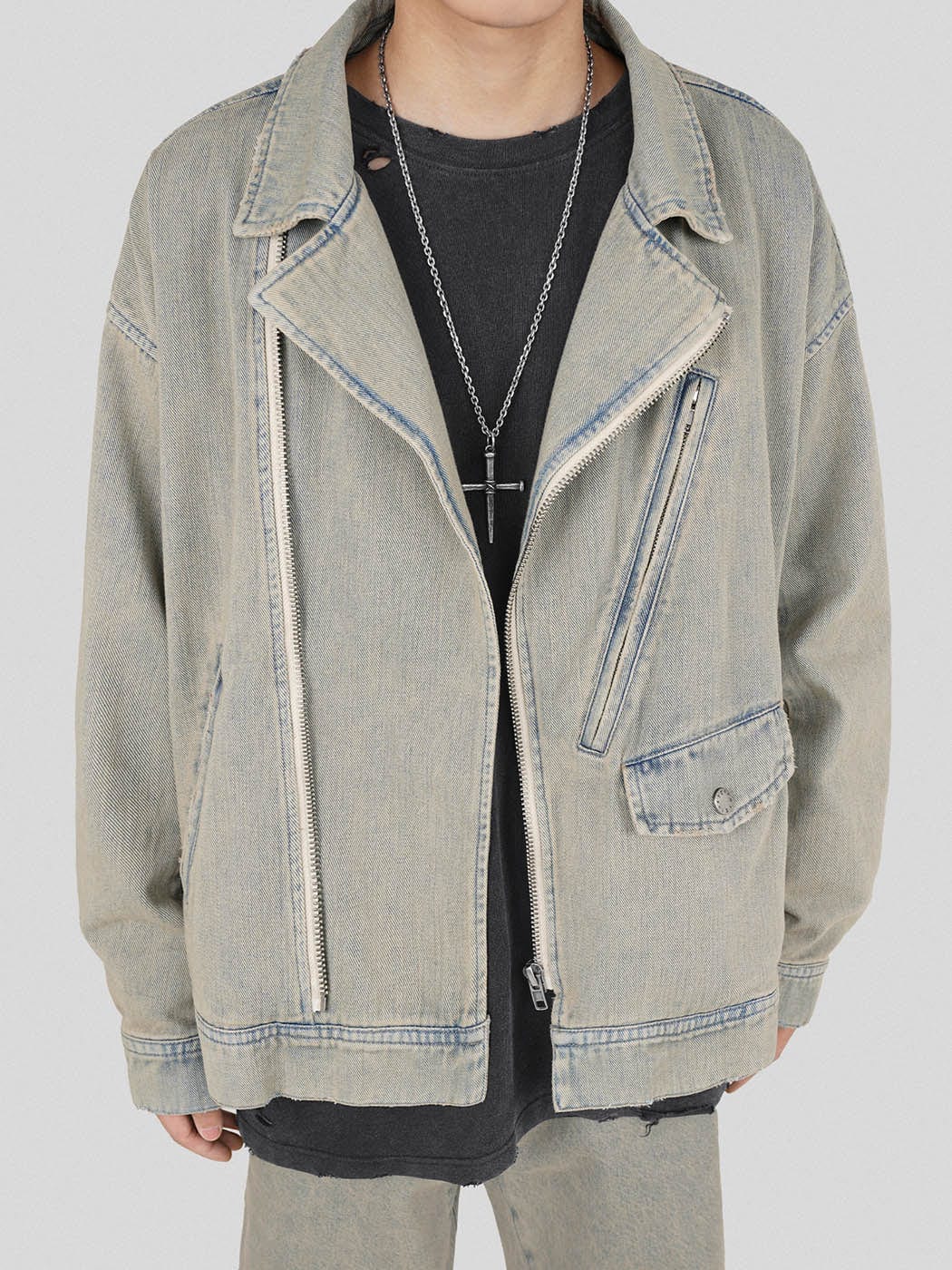 UNDERWATER Acid Wash Zipper Biker Jacket