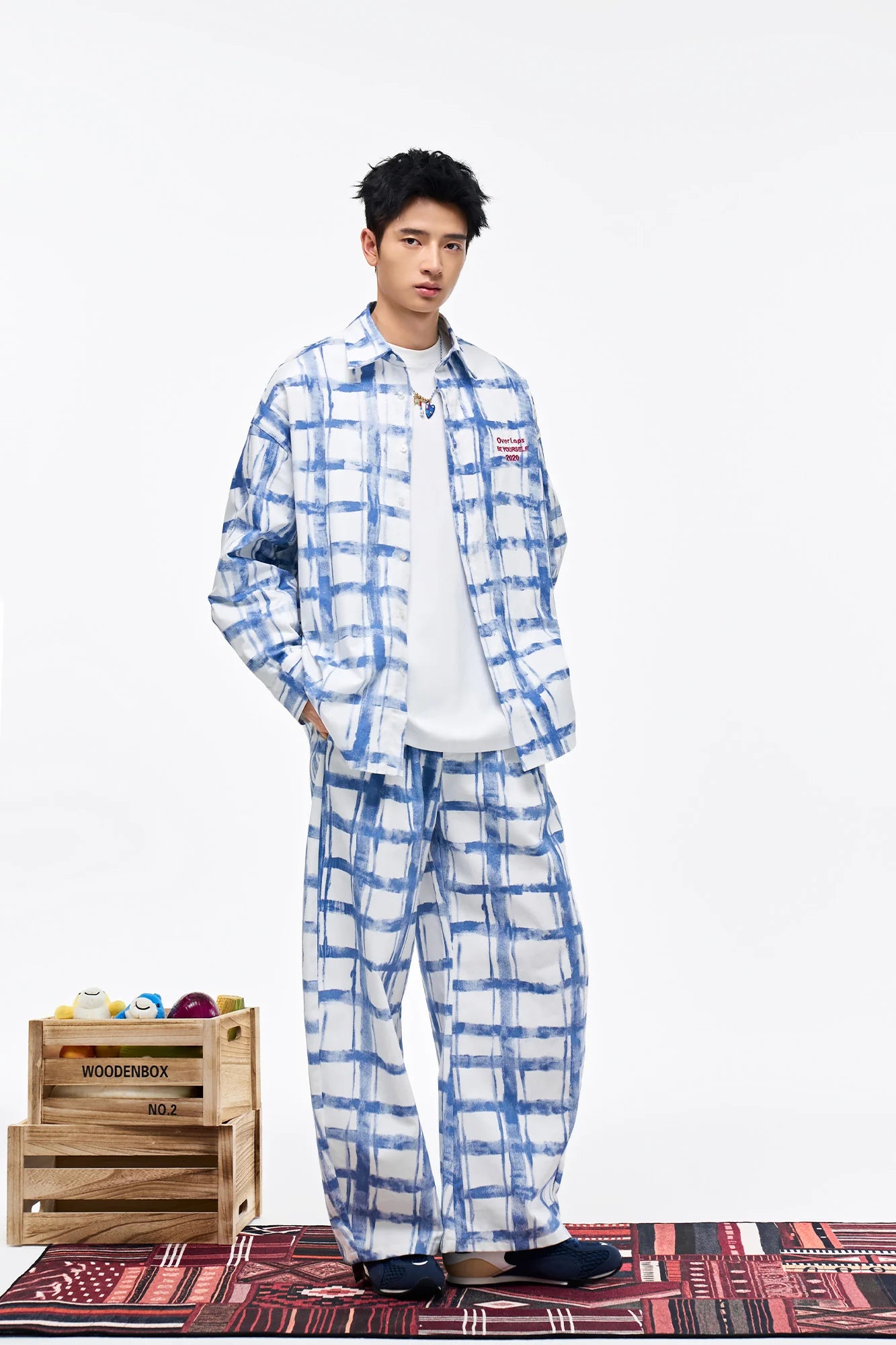 OVERLAPS Brush-Paint Grid Oversized Shirt