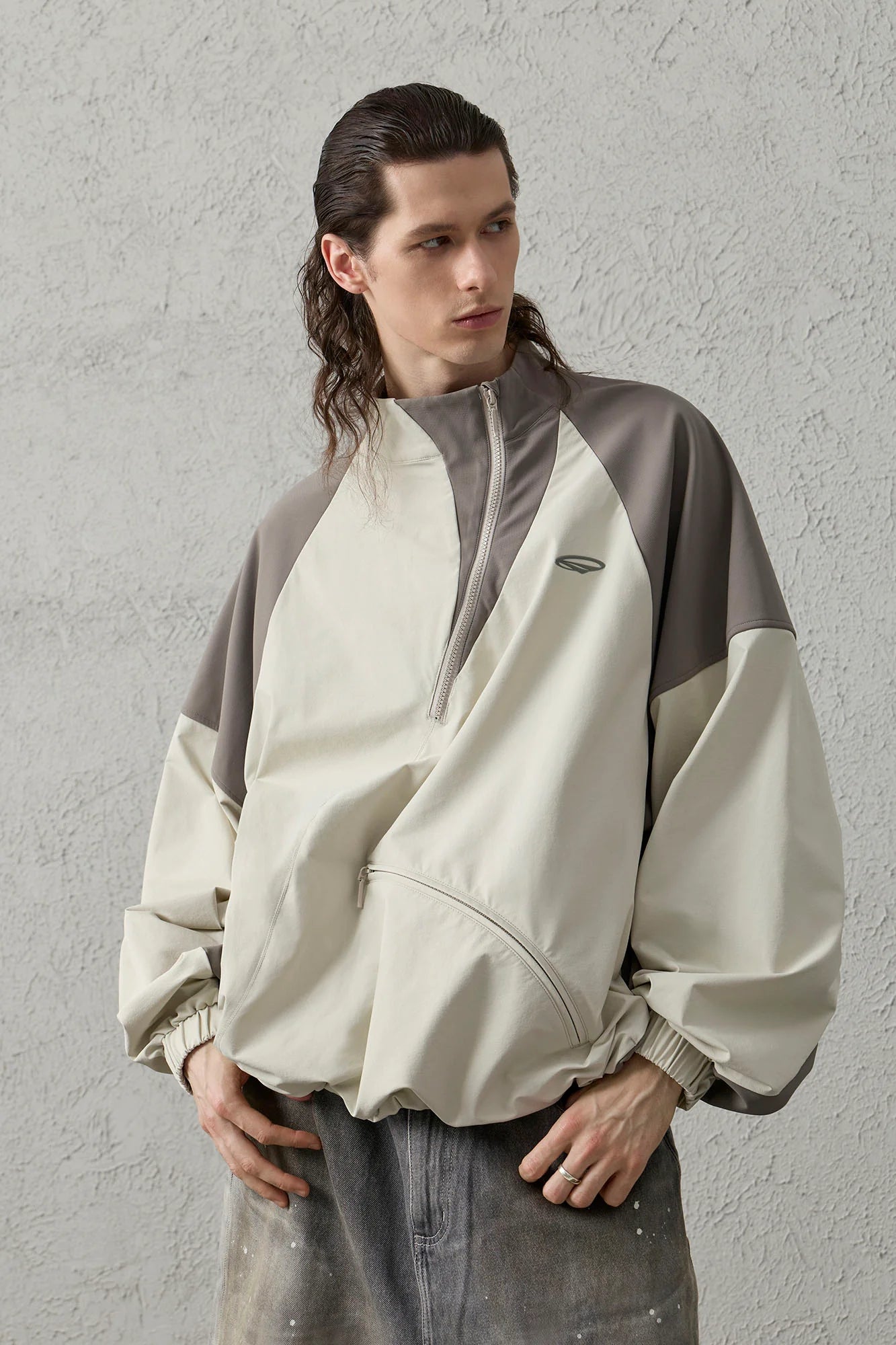 ORGANIC EMOTION Contrast Diagonal Half Zip Oversized  Windbreaker