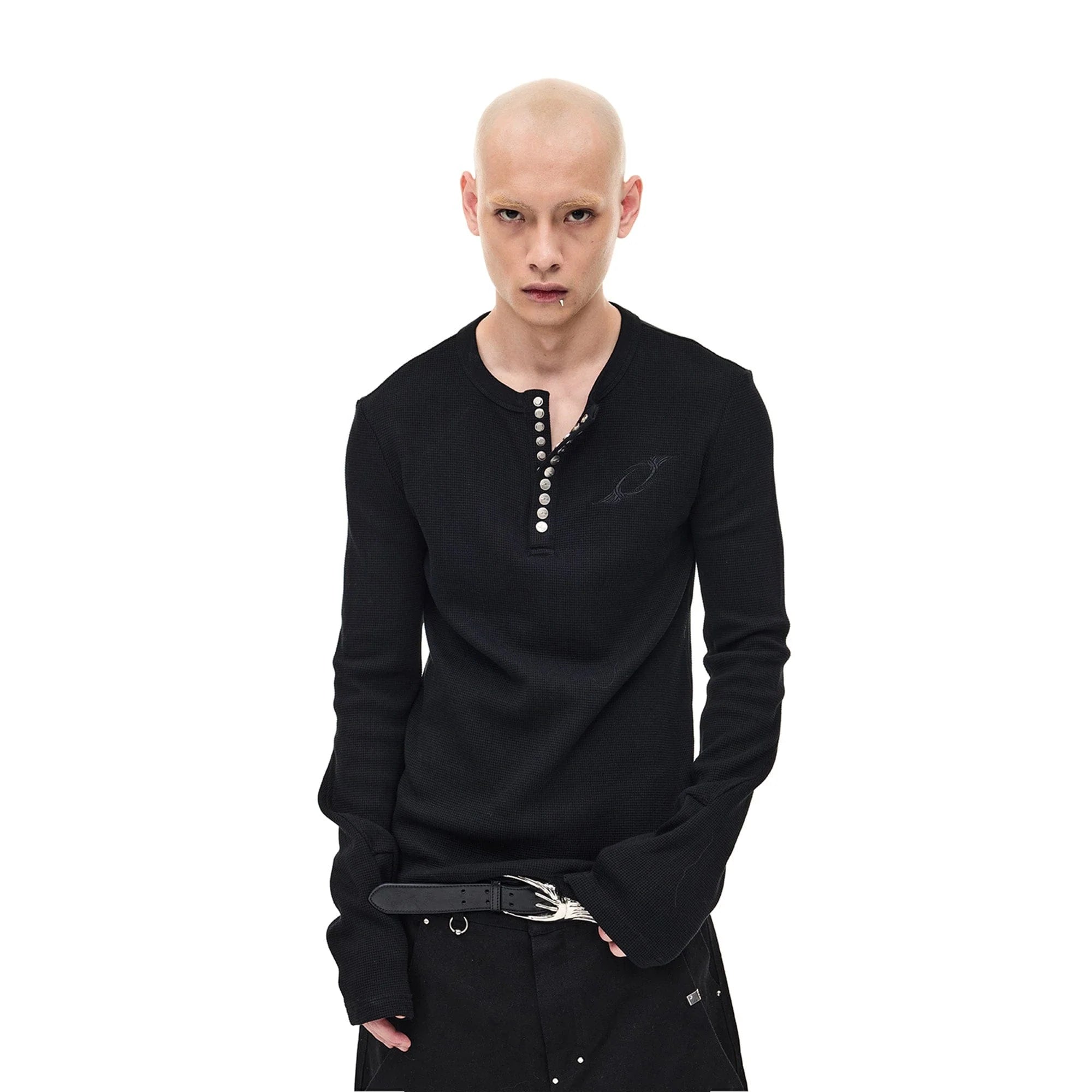 WHISTLEHUNTER Waffle-Knit Snap Henley Long-Sleeve Tee