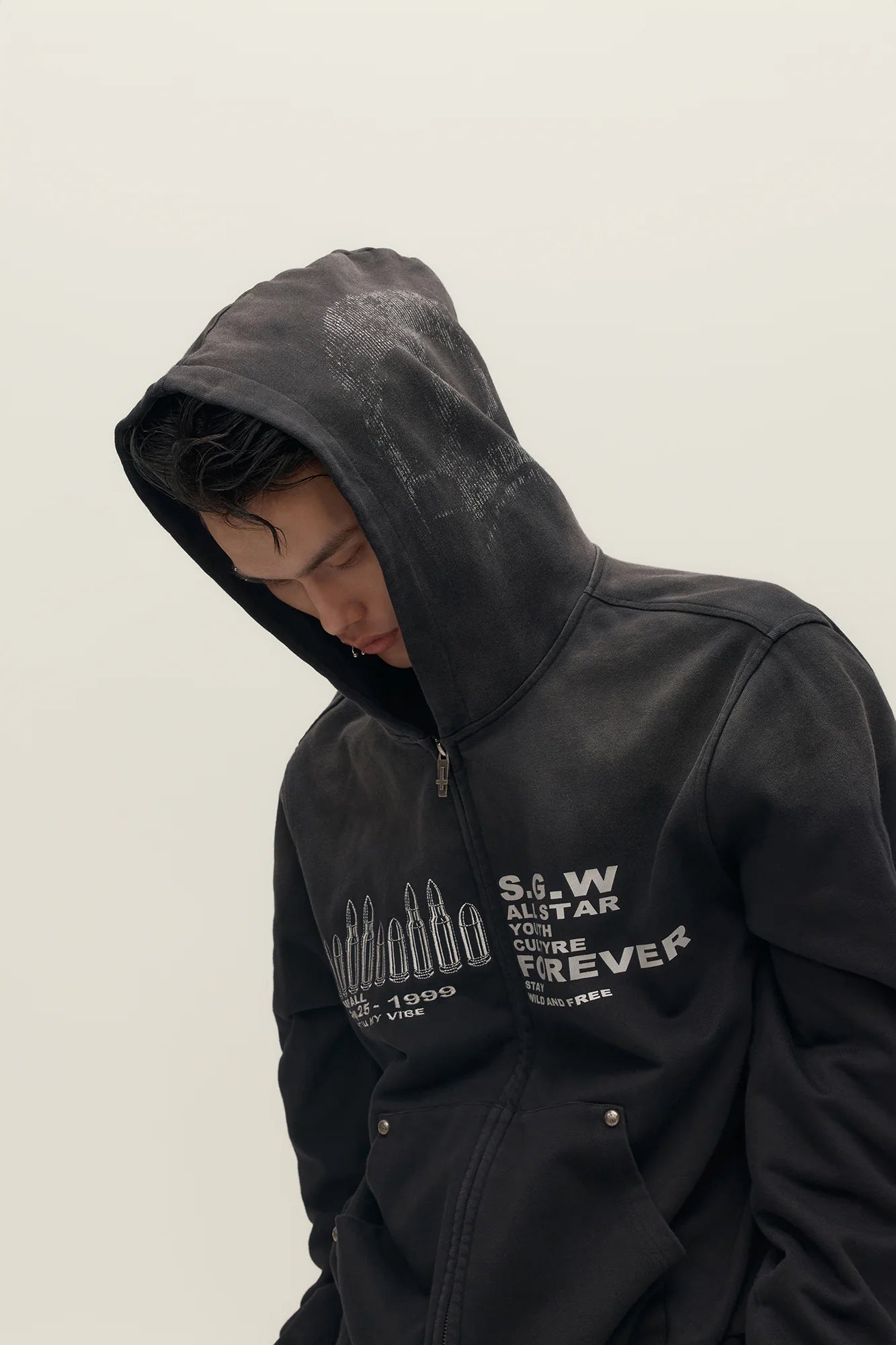 SAVAGEGROWTHWORLD Bullet Hole Graphic Washed Zip-Up Hoodie