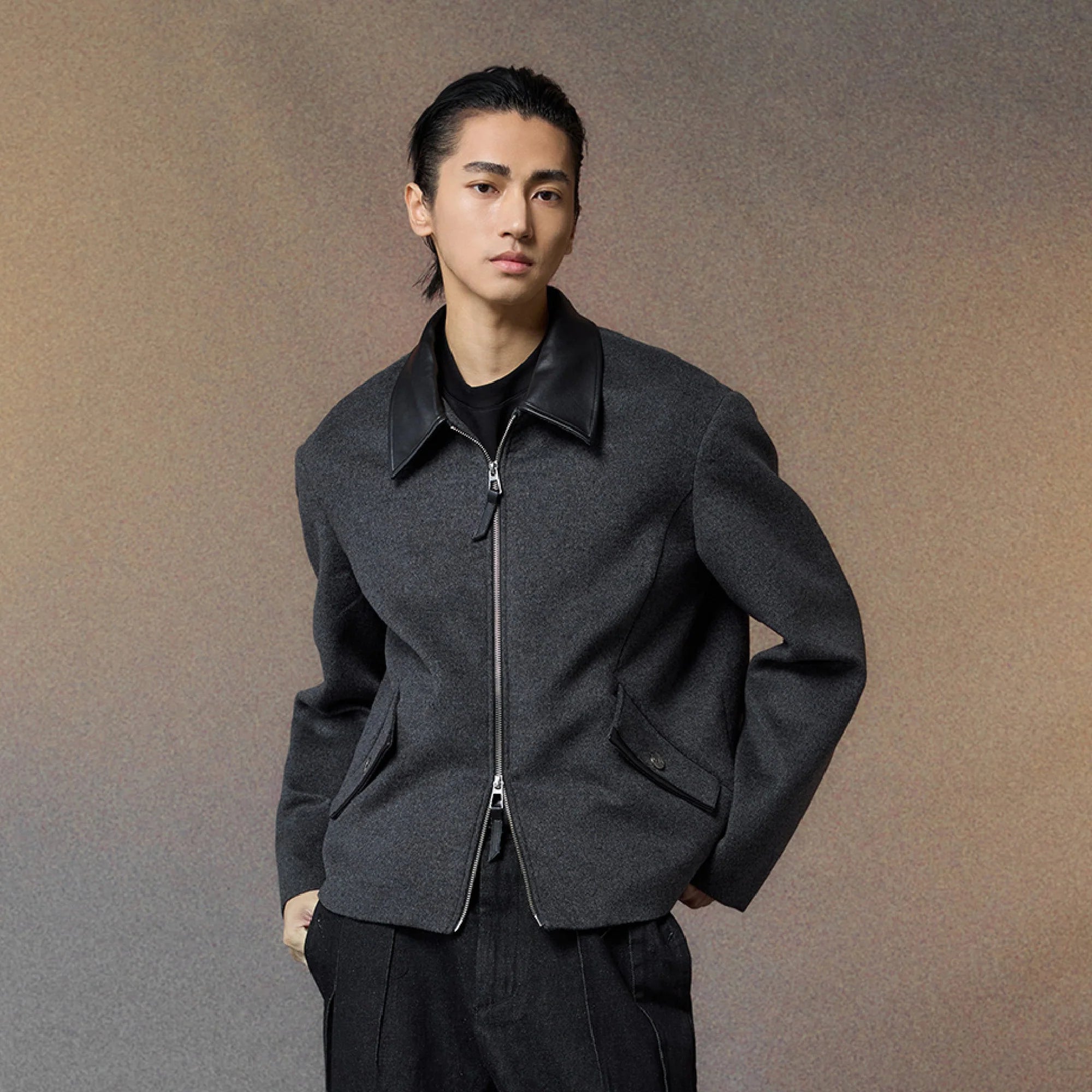 ALVNG AR ANTS PU Collar Wool-Blend Jacket