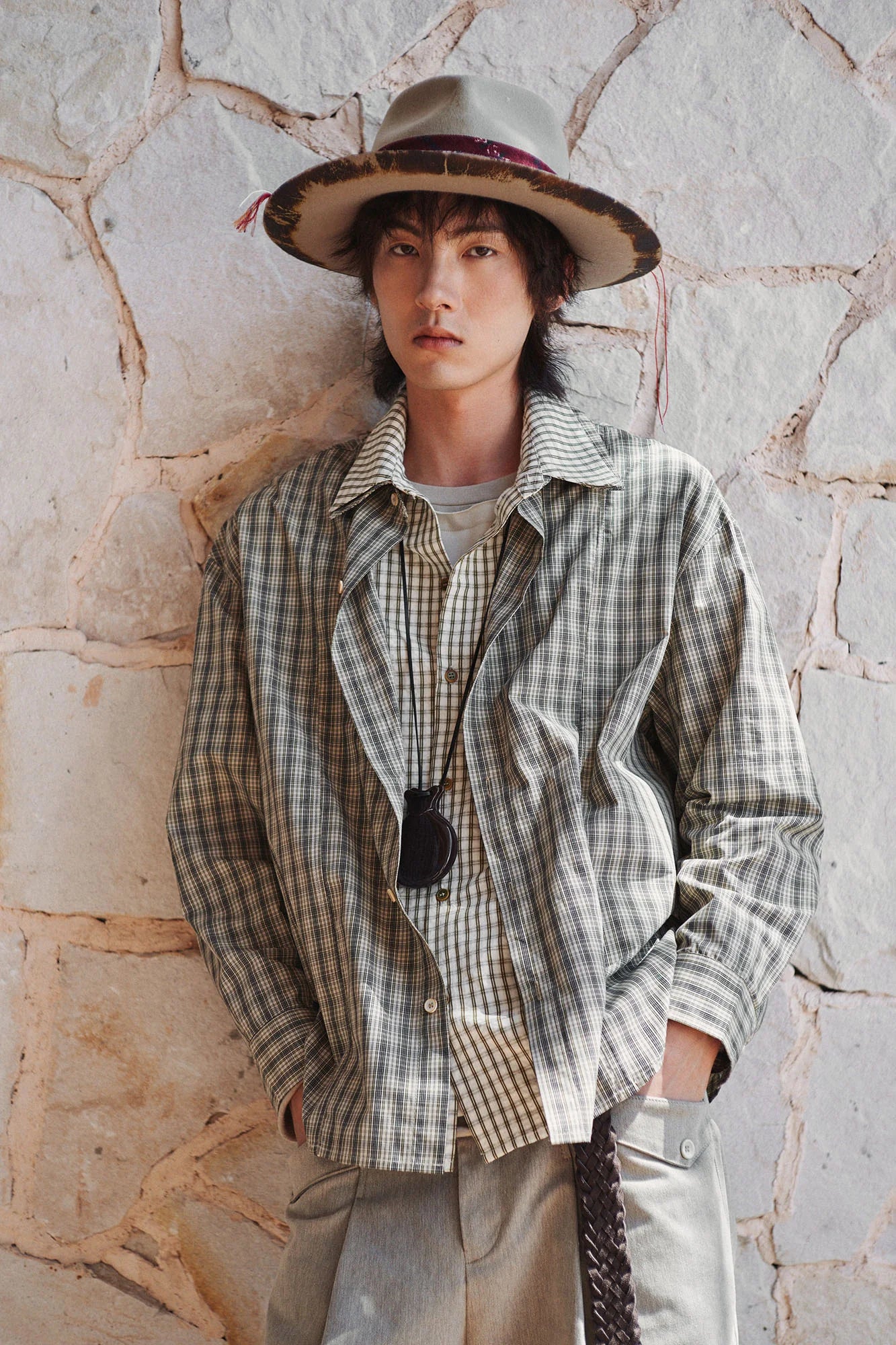 GONGHE REPUB Faux Layered Collar Plaid Shirt