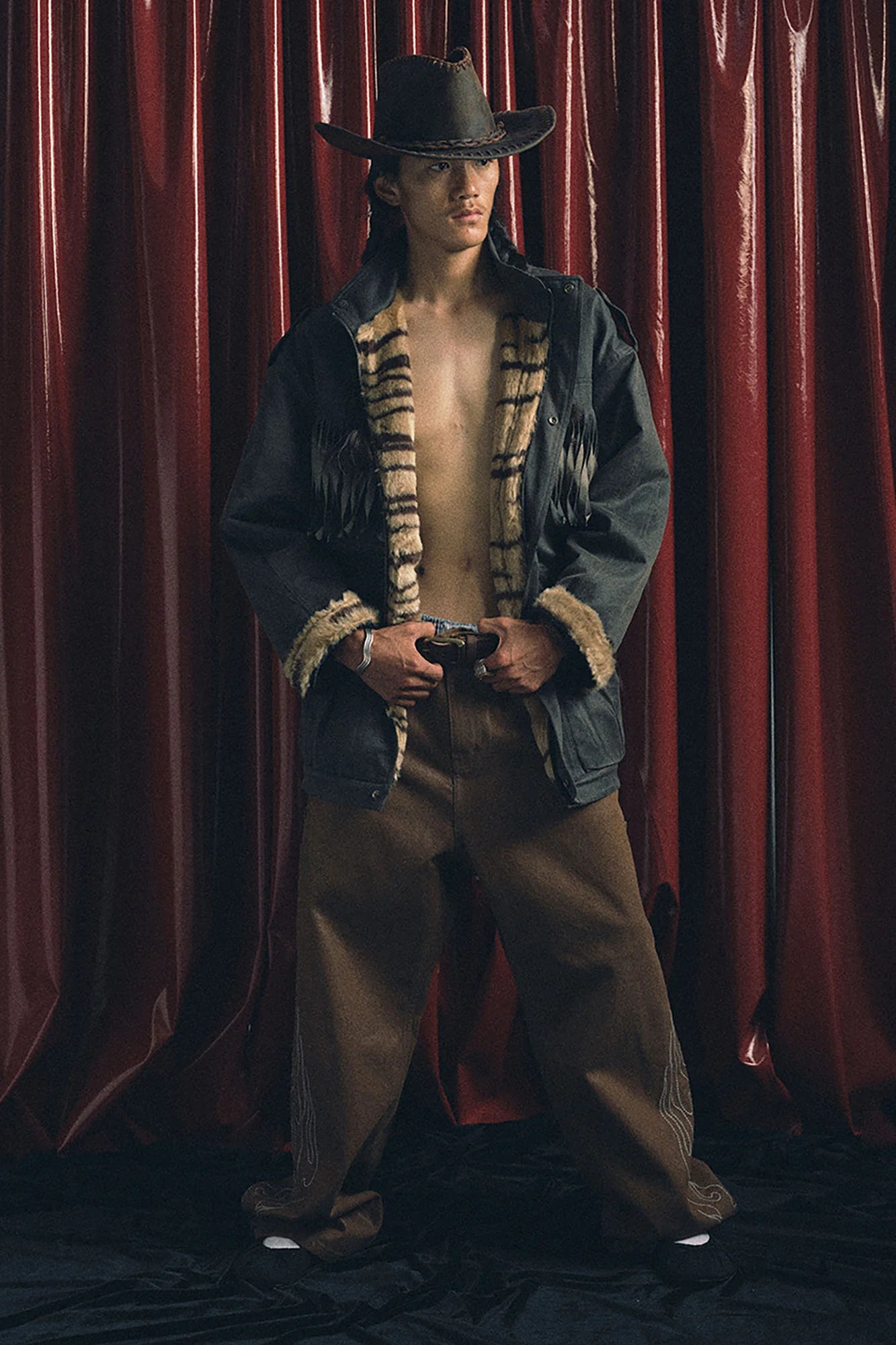 TRECLUB Tiger Stripe Lining Fringe Parka