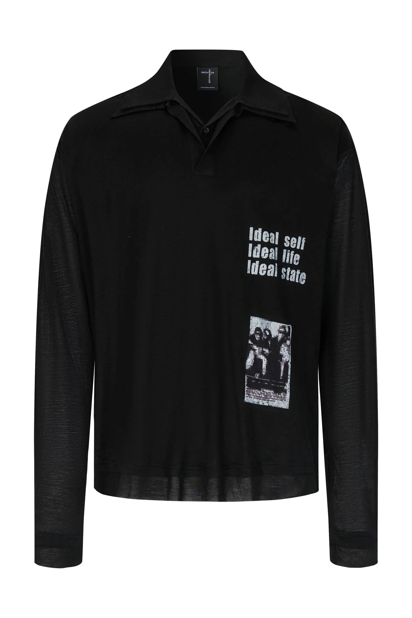 SAVAGEGROWTHWORLD Layered-Collar Slogan Polo Long-Sleeve T-Shirt