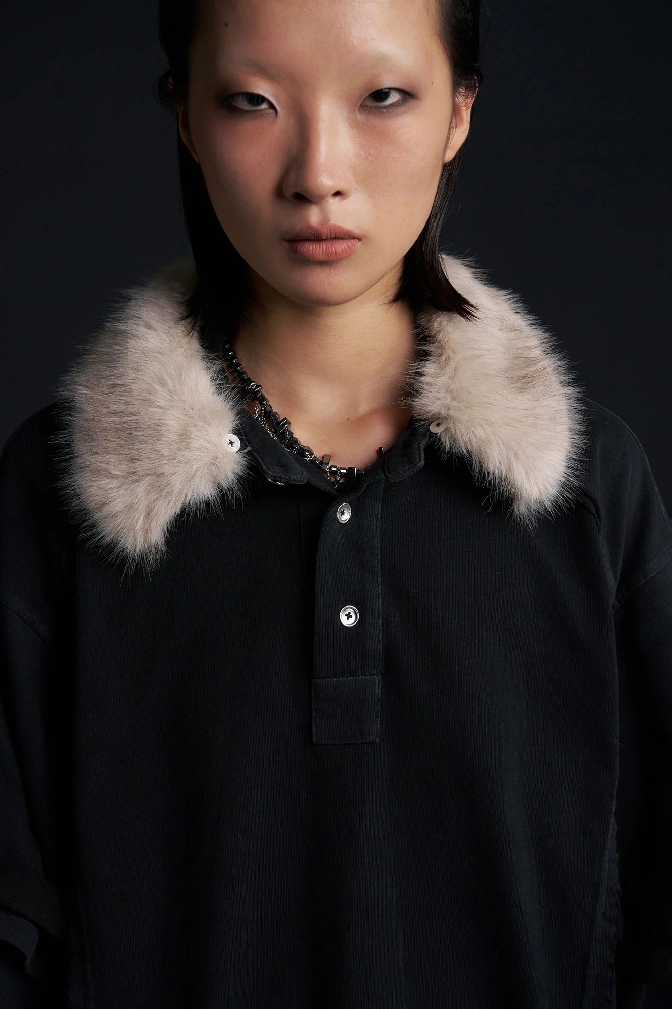 RECOVER ZONE Detachable Faux Fur Collar Long Sleeve Shirt