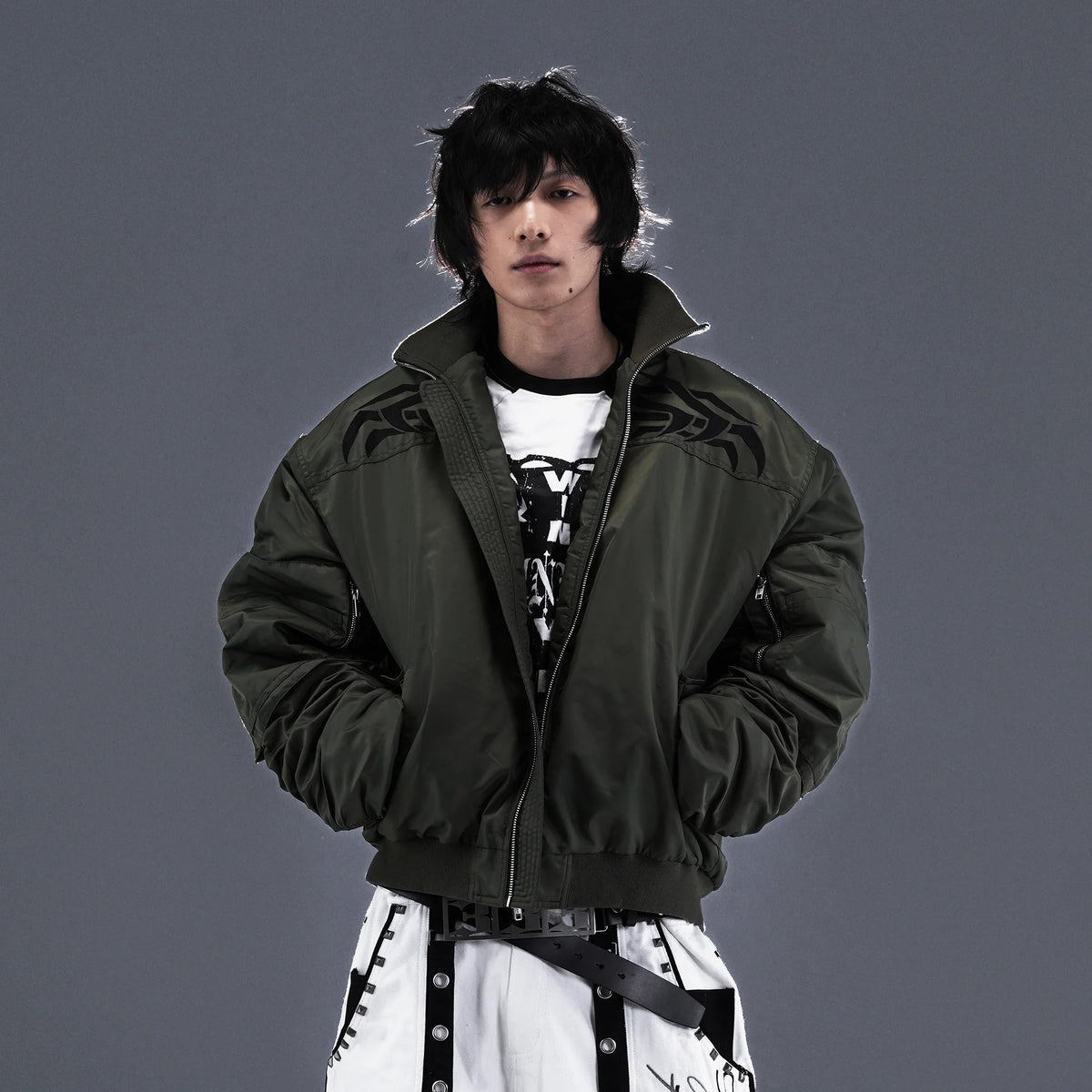 PCCVISION Tribal Embroidered Bomber Jacket Green