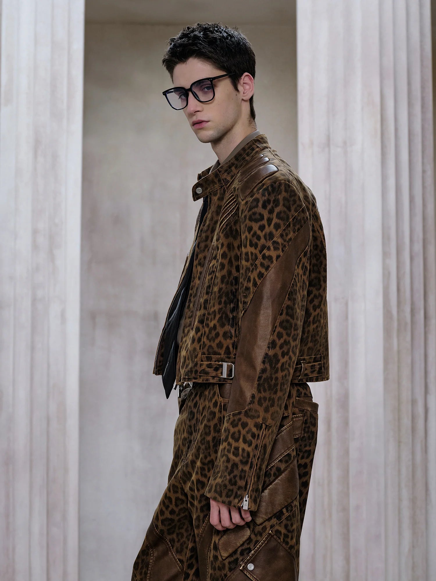 FACEONLAB Leopard Paneled Ribbed Armor Jacket
