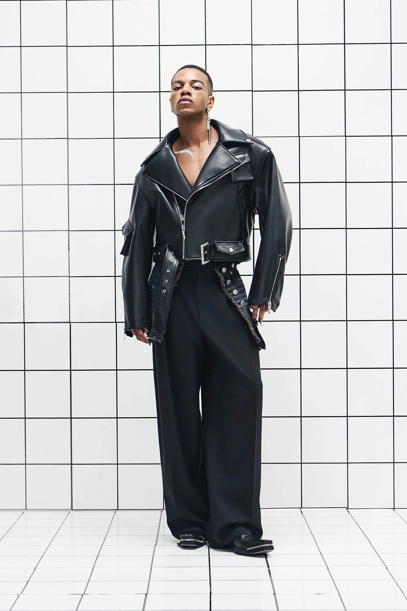 455EMBLE Asymmetrical Back-Zip Cropped PU Biker Jacket