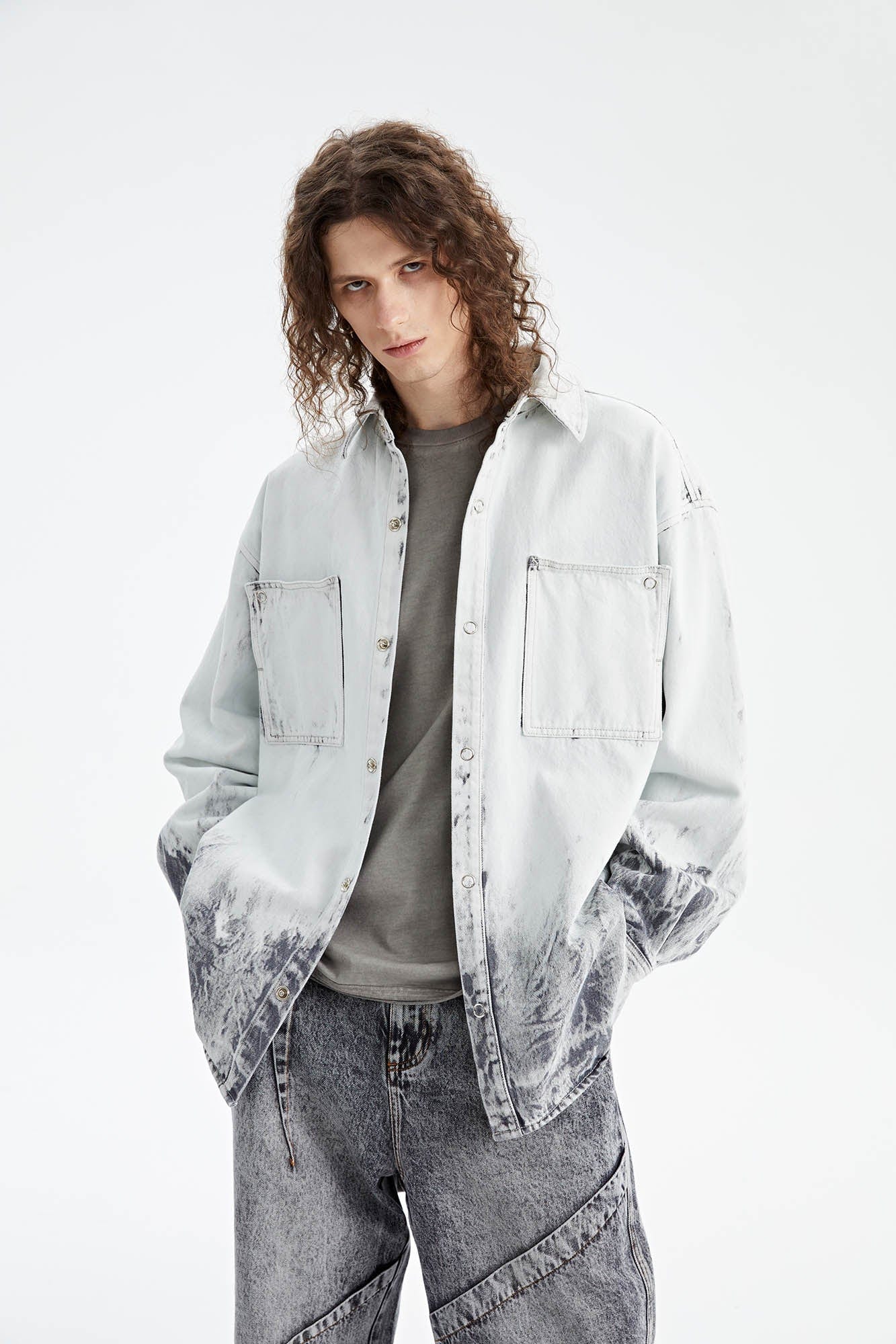 ORGANIC EMOTION Distressed Snow Mountain Tie-Dye Denim Shirt