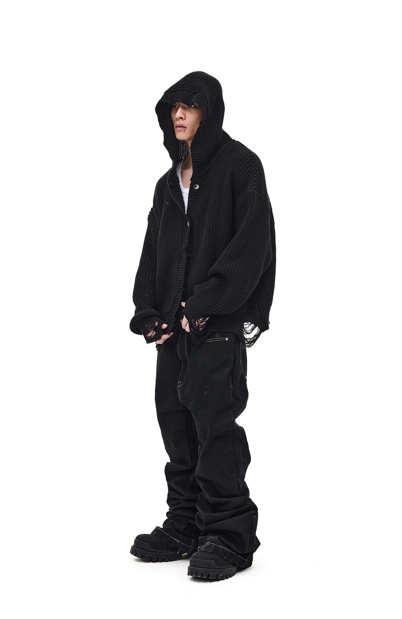 WHISTLEHUNTER Distressed Knit Hooded Cardigan