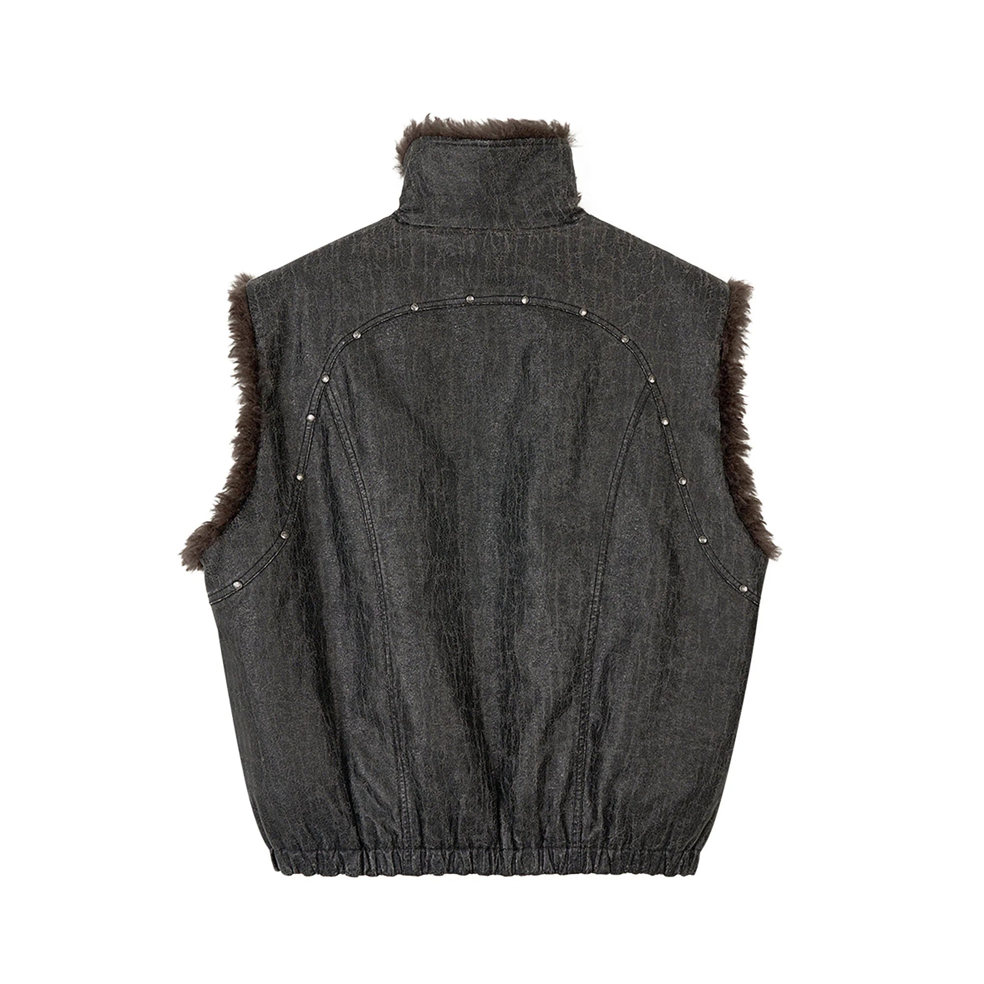 SAVAGEGROWTHWORLD Washed Faux Fur Lining Studded Vest