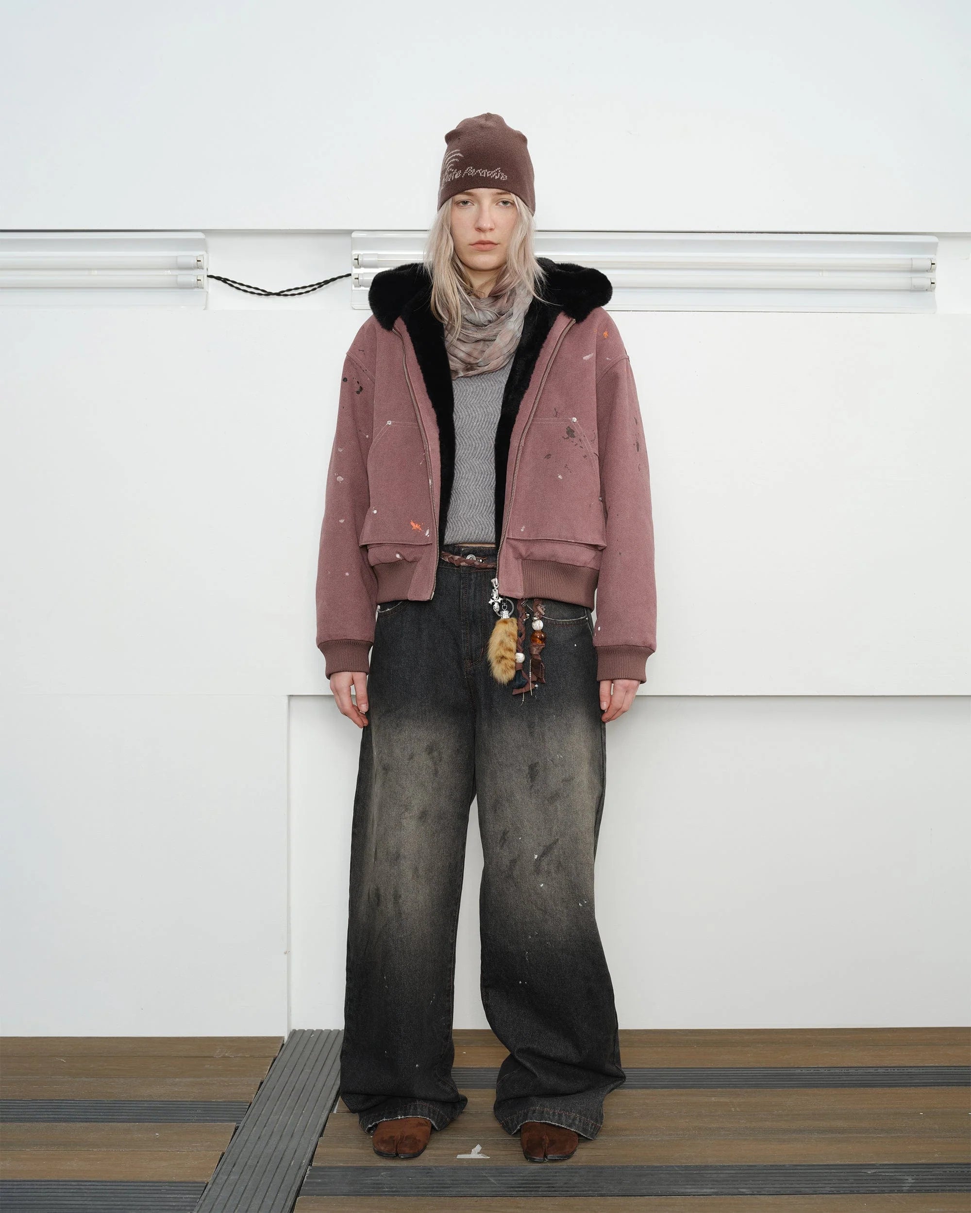 KREATE Rivet Zipper Paint-splattered Fleece-Lined Hooded Jacket