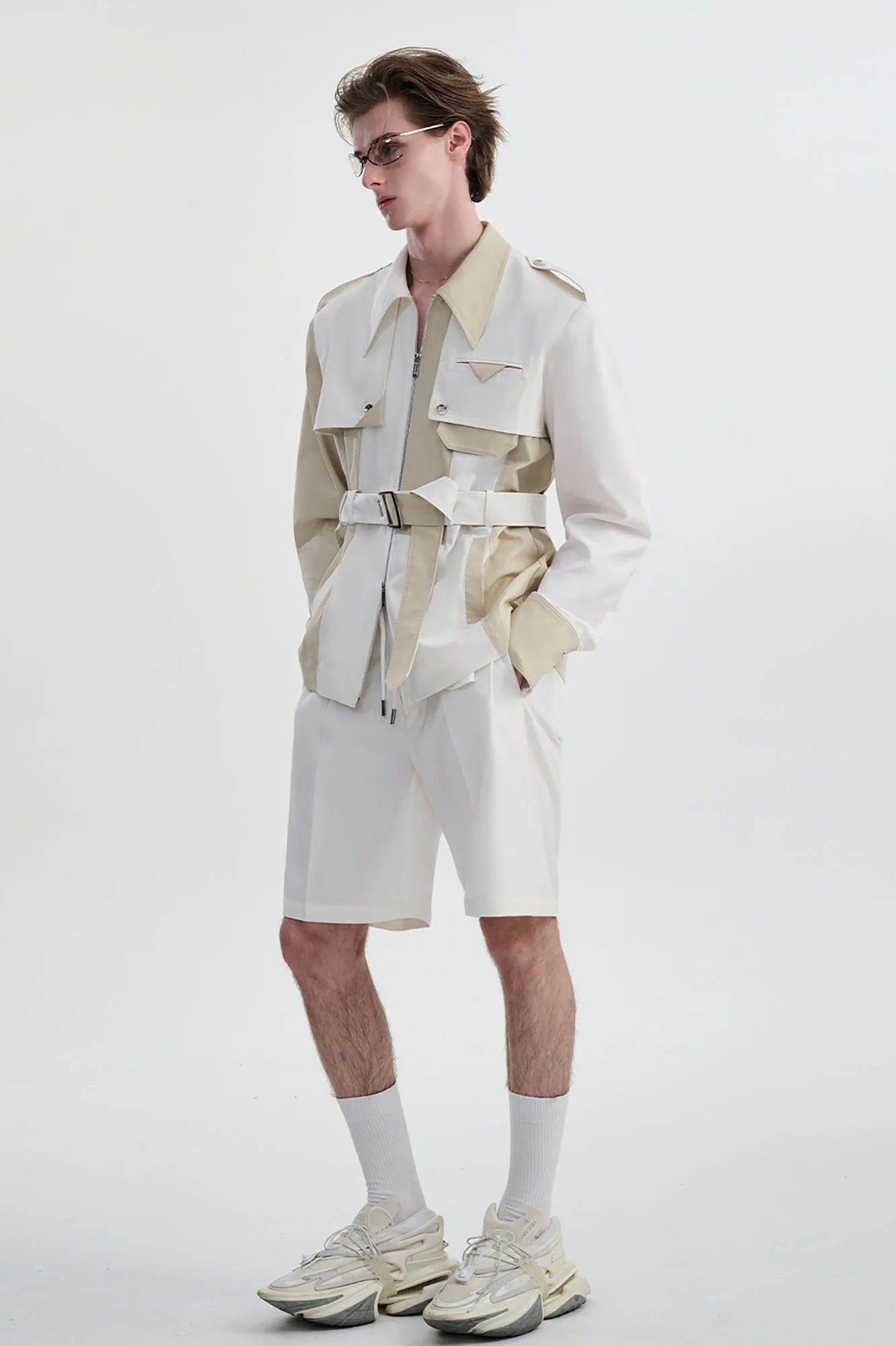 TIWILLTANG Contrast Deconstructed Belted Zip-Up Shirt
