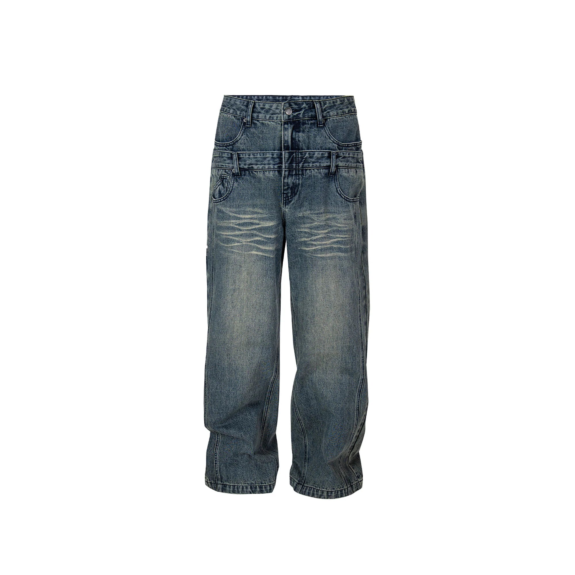 F2CE Double Waistband Washed Wide-Leg Jeans