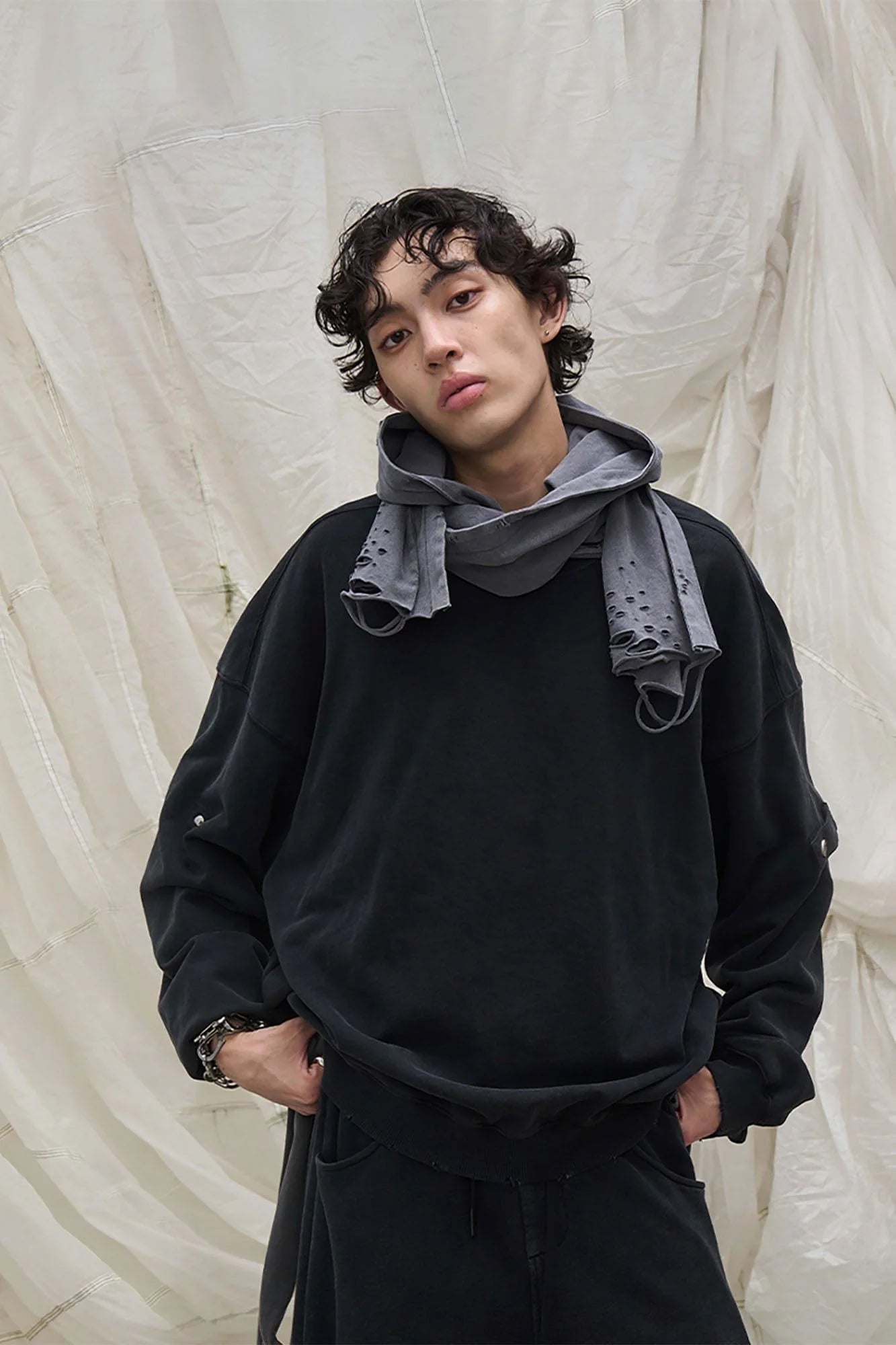 RELABEL Detachable-Hood Distressed Ripped Sweatshirt
