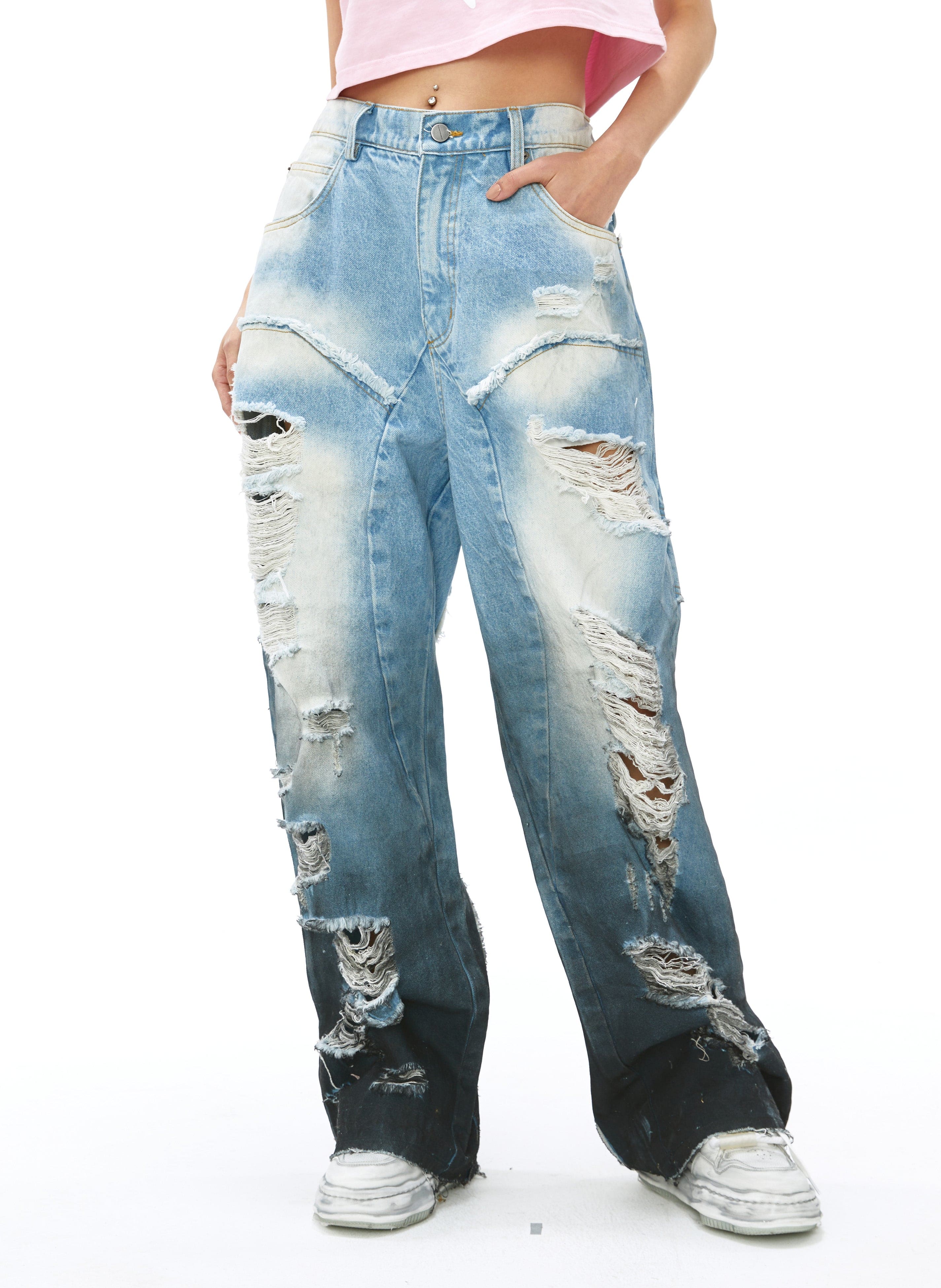 VANN VALRENCE Distressed Gradient Wash Structural Ripped Jeans