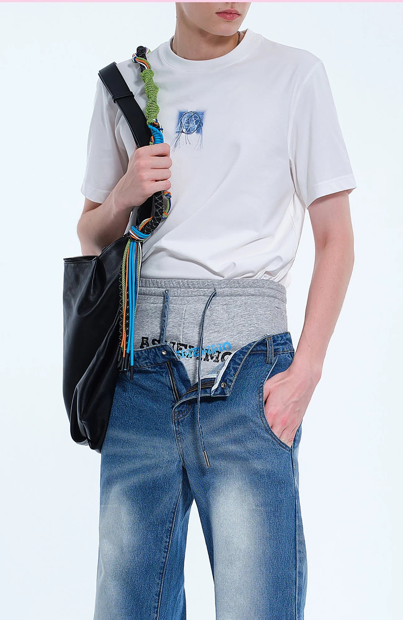 TIWILLTANG Layered Sweatband Washed Denim Pants