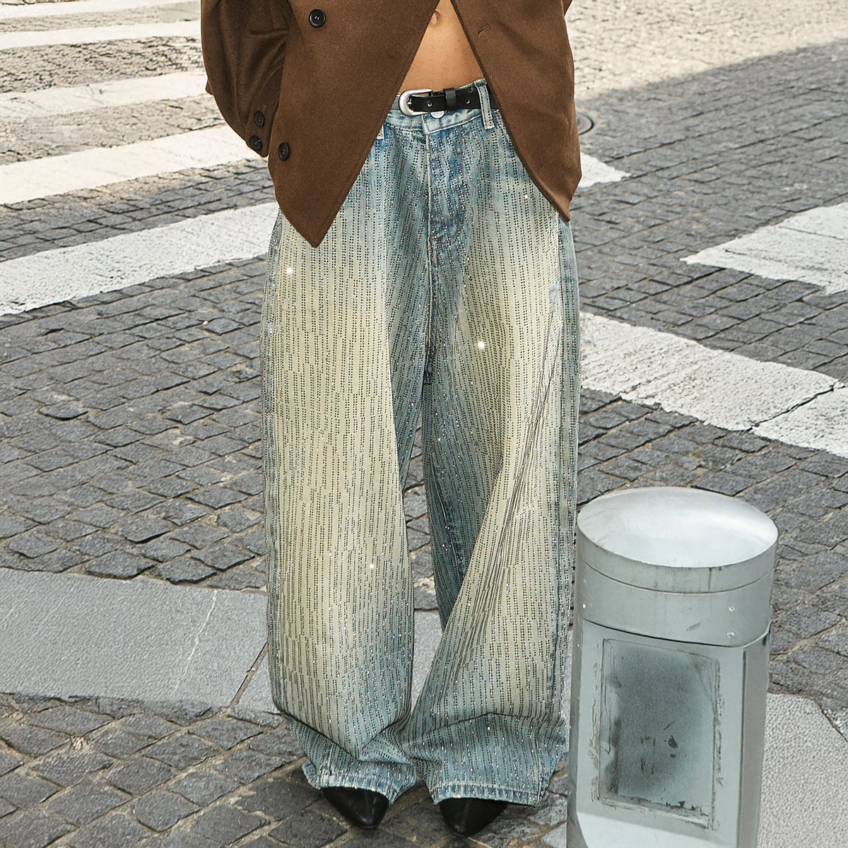 STEEPC Washed Rhinestone Embellished Baggy Jeans