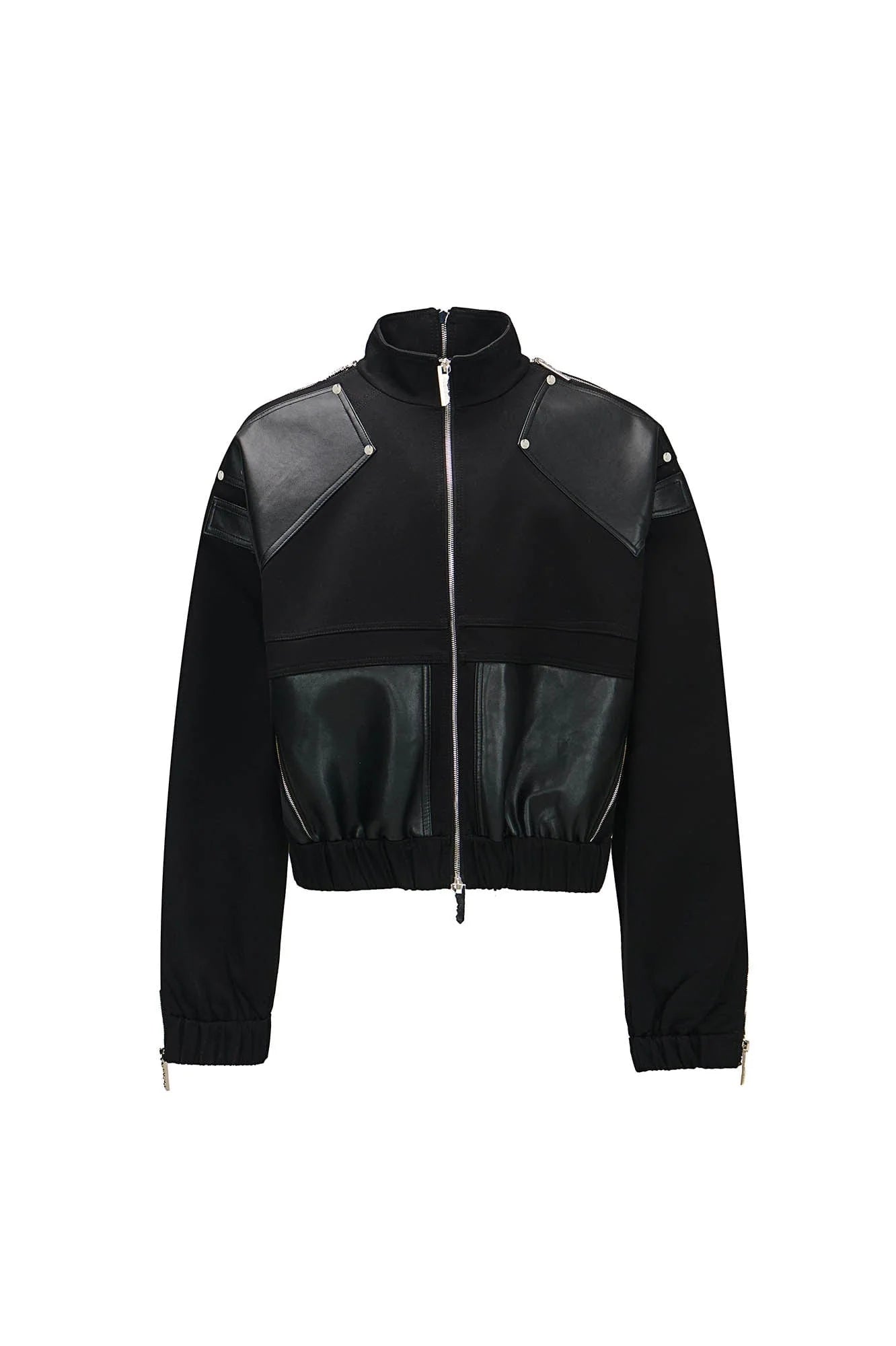 455EMBLE Faux Leather Spliced Multi-Zip Stand Collar Jacket