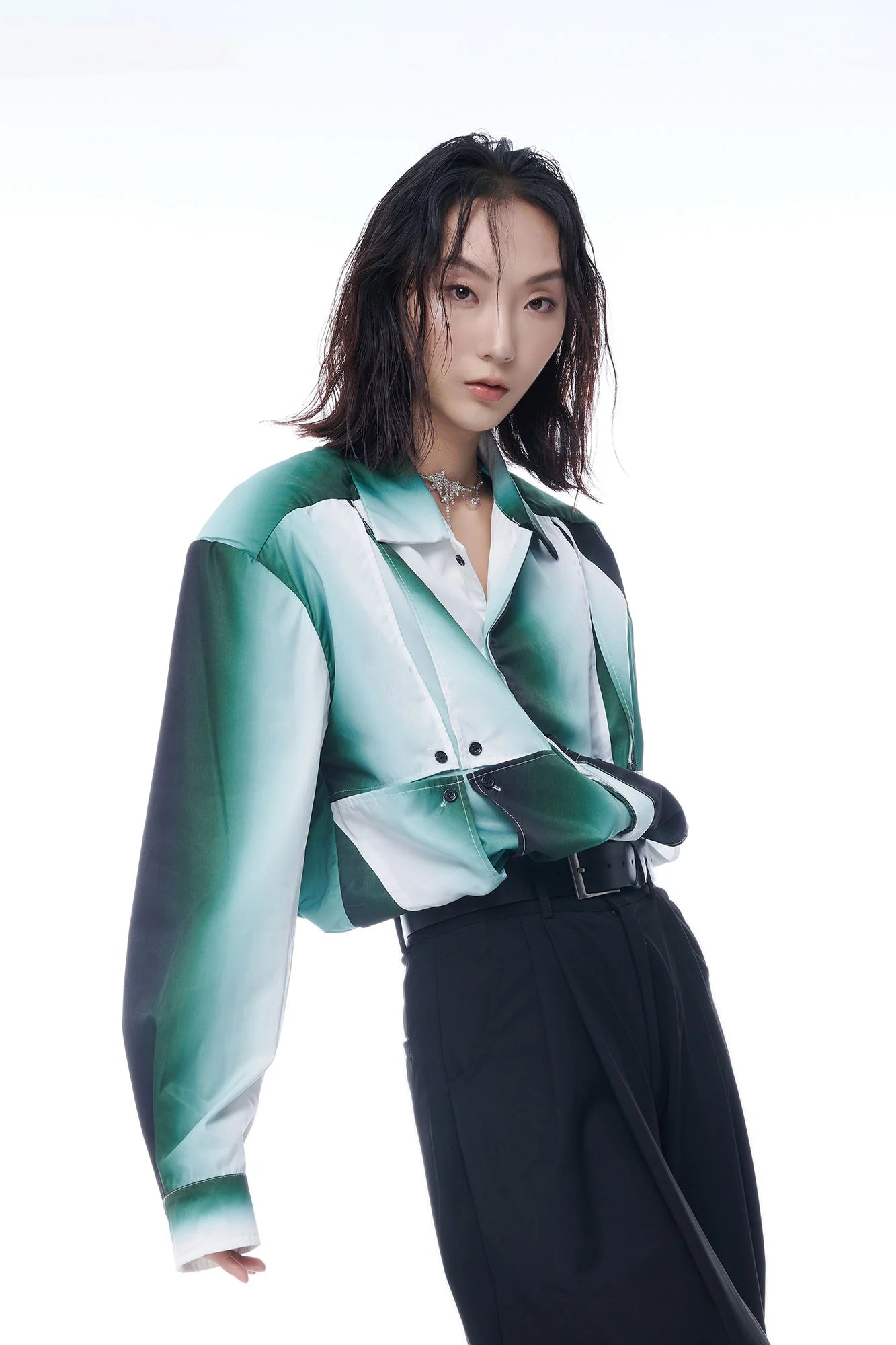 TUIMU Gradient Geometry Panel Acetate Shirt