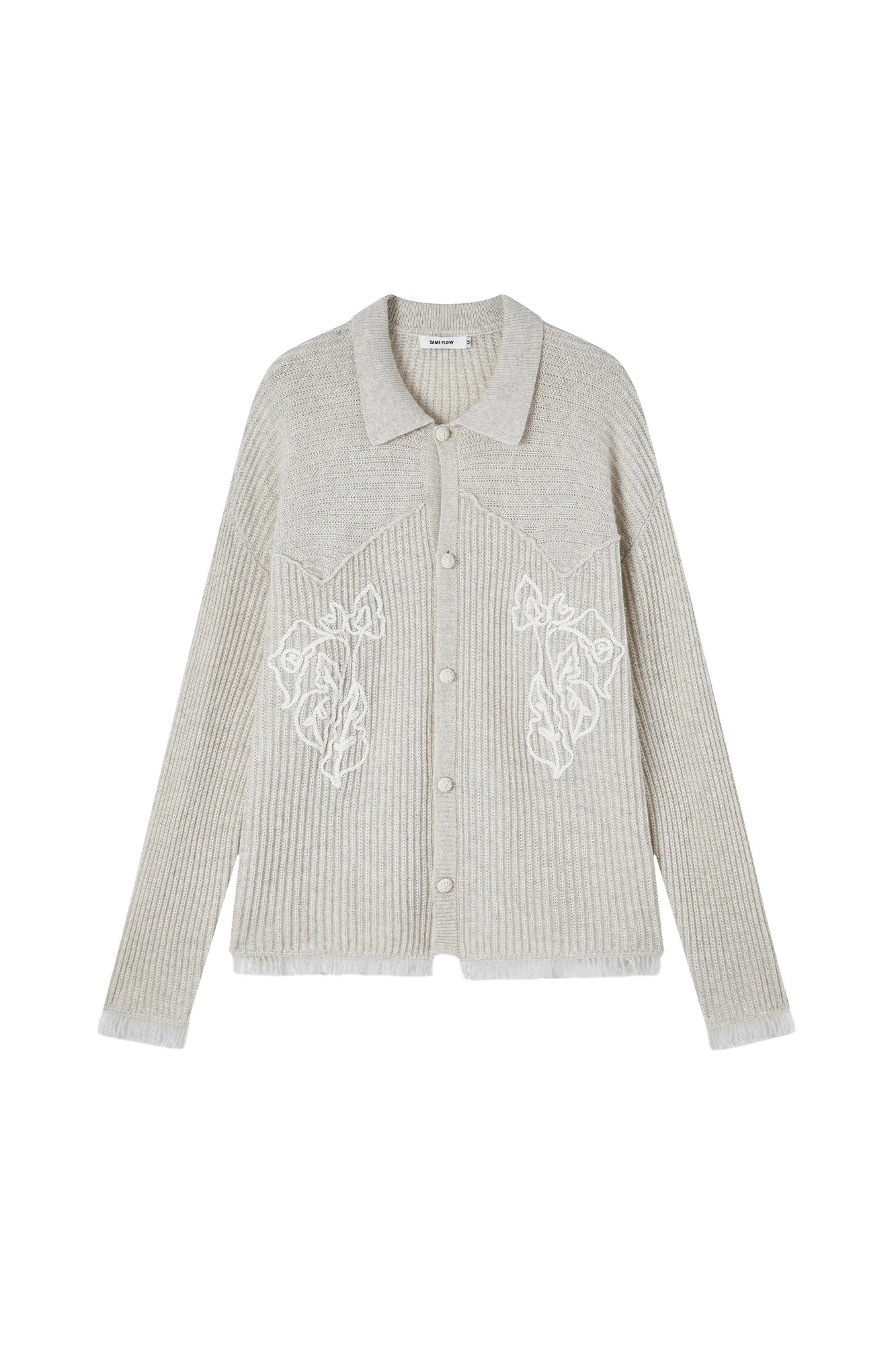 SAME FLOW Floral Embroidery Fringe-Hem Rib Cardigan