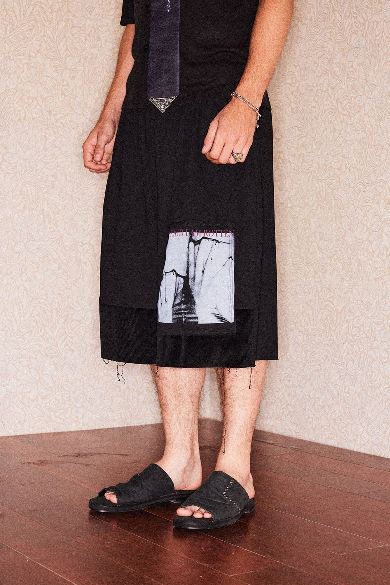 RICHILL Graphic Patchwork Raw Hem Drawstring Shorts