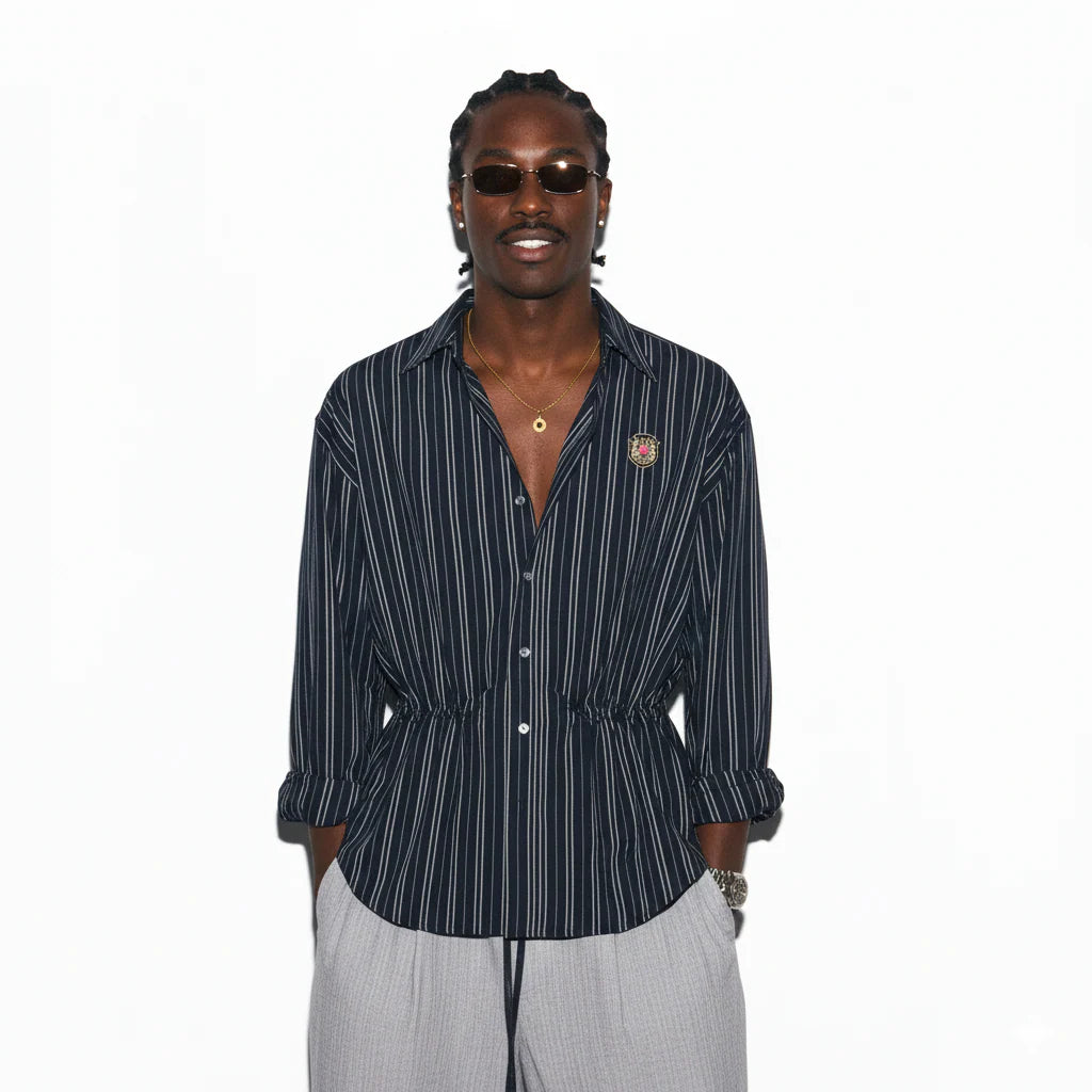 TRECLUB Striped Embroidered Drawstring-Waist Shirt