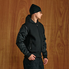 PMW Knitted Panel Ruched-Sleeve Hooded Jacket