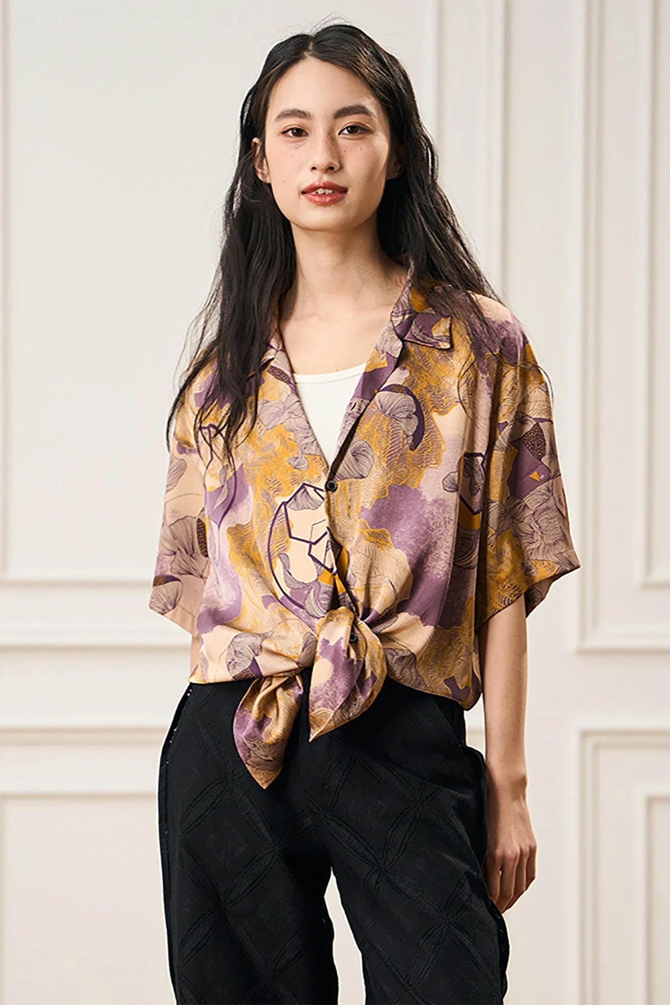 EPIC POETRY Botanic Geometry Satin Cuban Half Shirt