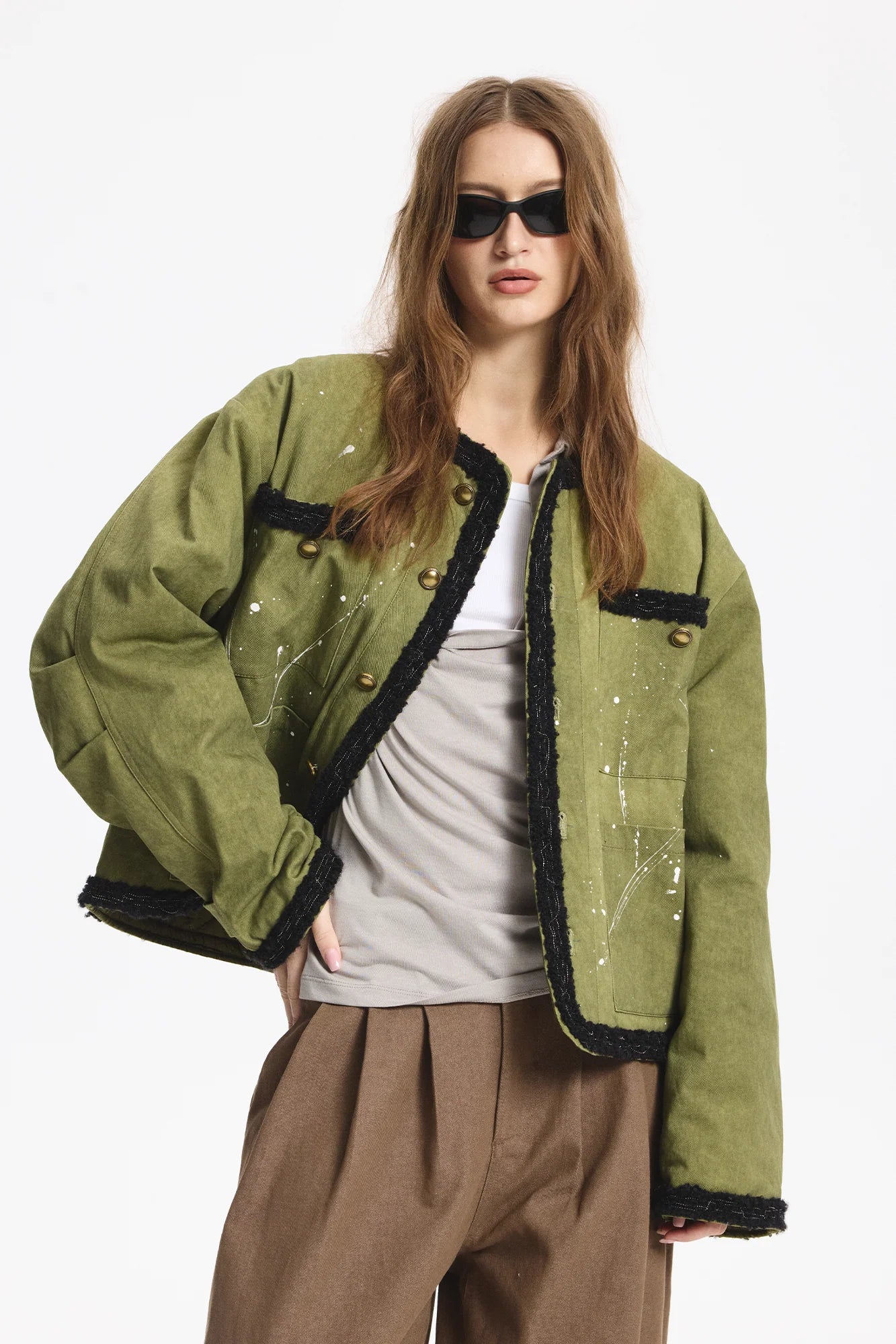 LEONSENSE Paneled Fleece Trim Paint-Splattered Jacket