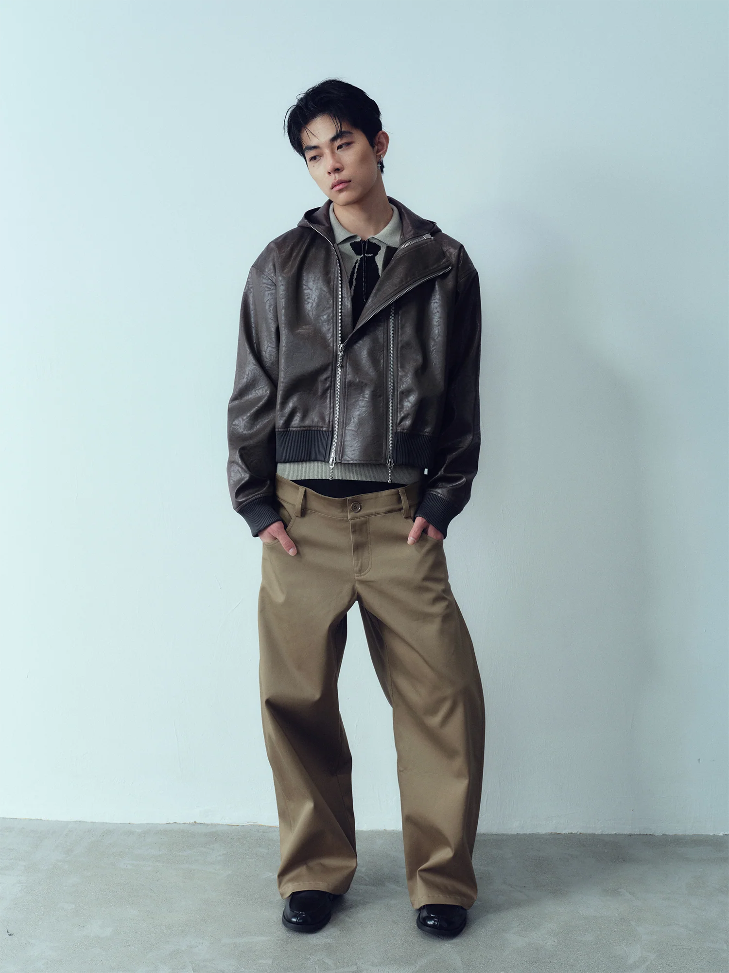 KADAKADA Faux Leather Dual-Zipper Hooded Jacket