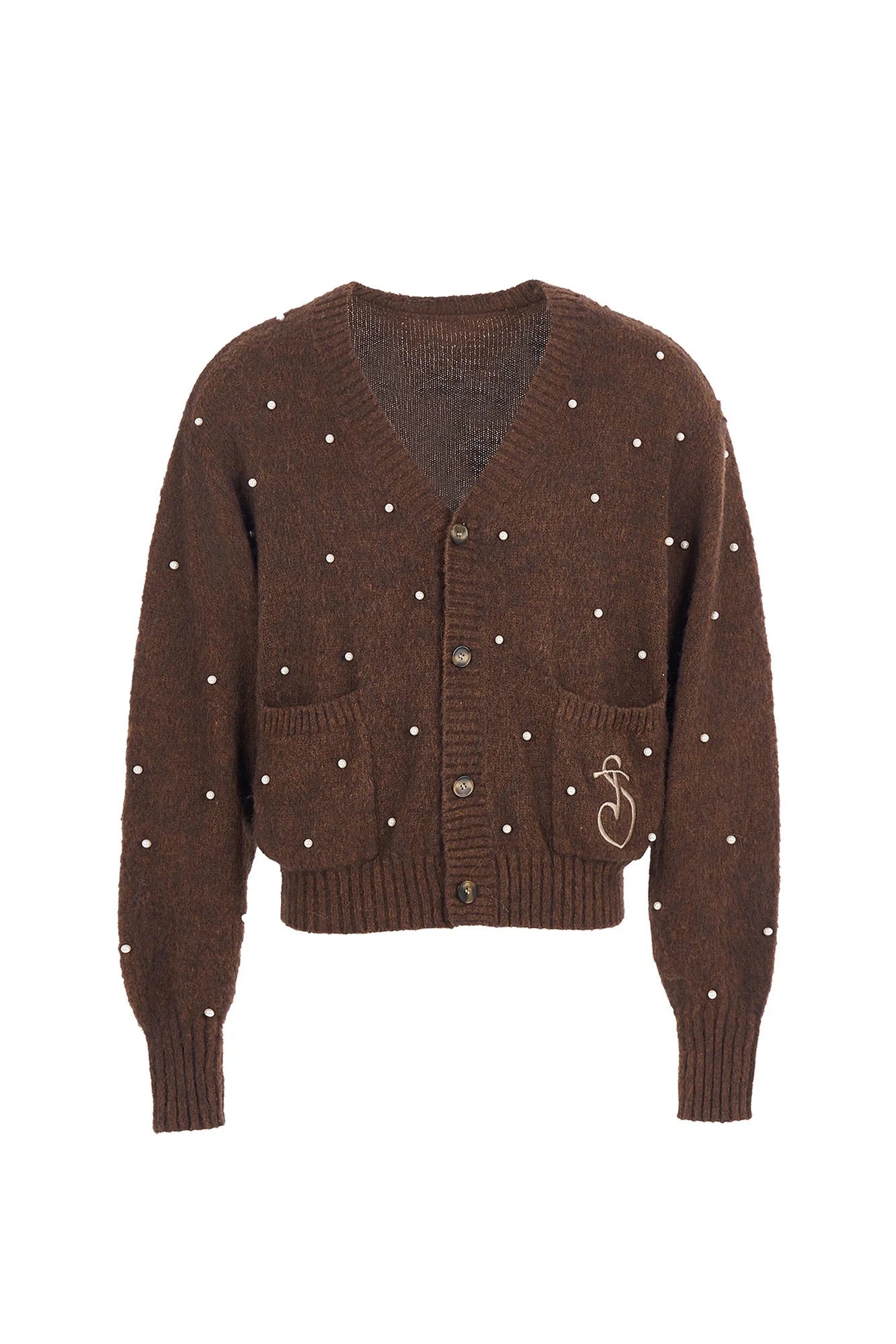 STEEPC Pearl-Studded Contrast Elbow Patch Cardigan