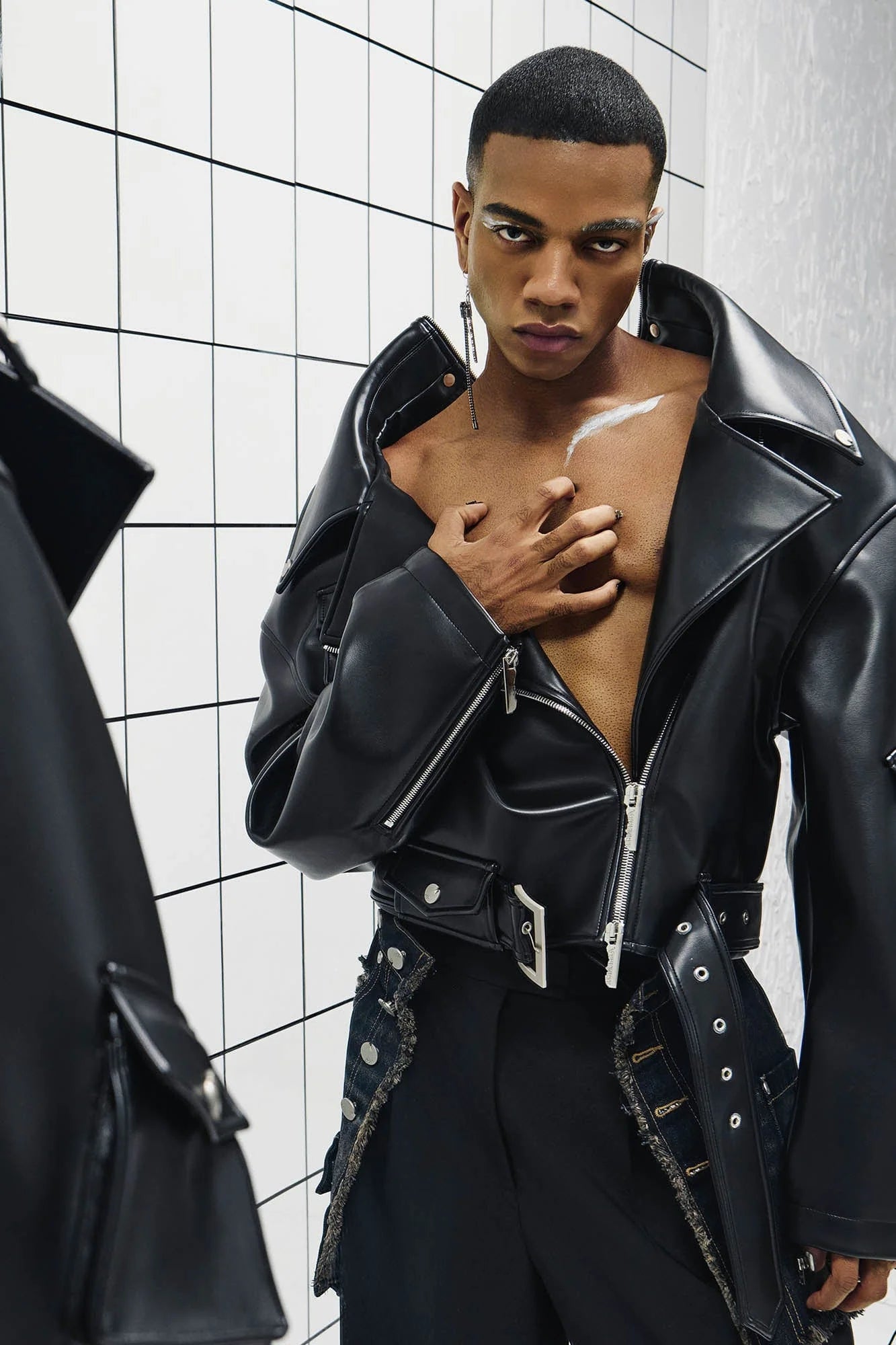 455EMBLE Asymmetrical Back-Zip Cropped PU Biker Jacket