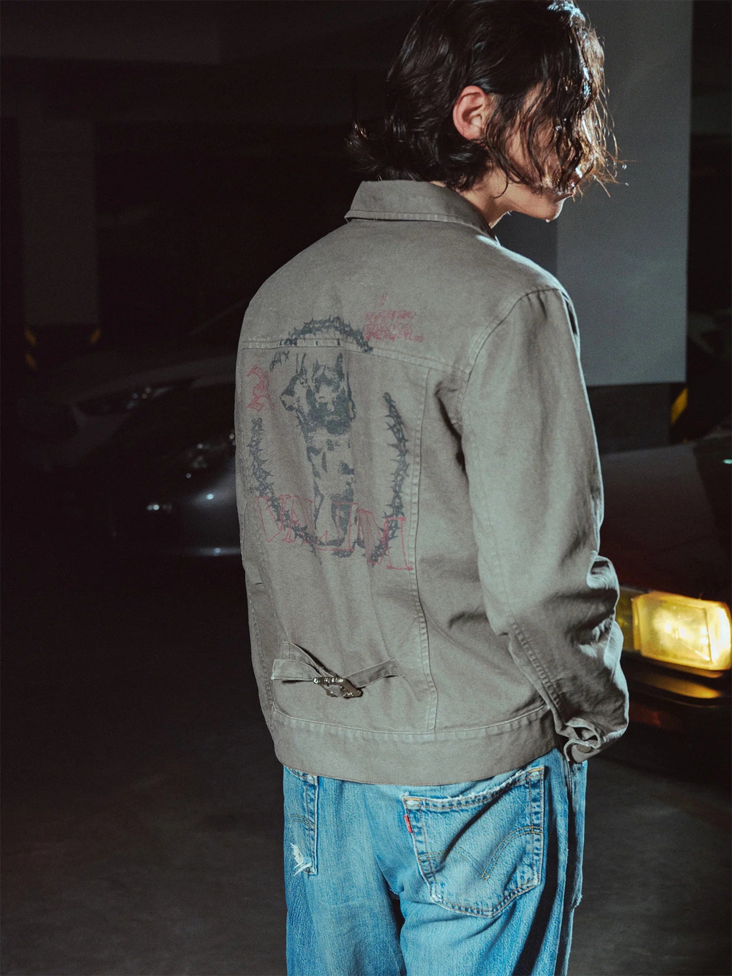 RICHILL Ancient Coin Graphic Curved-Sleeve Canvas Jacket